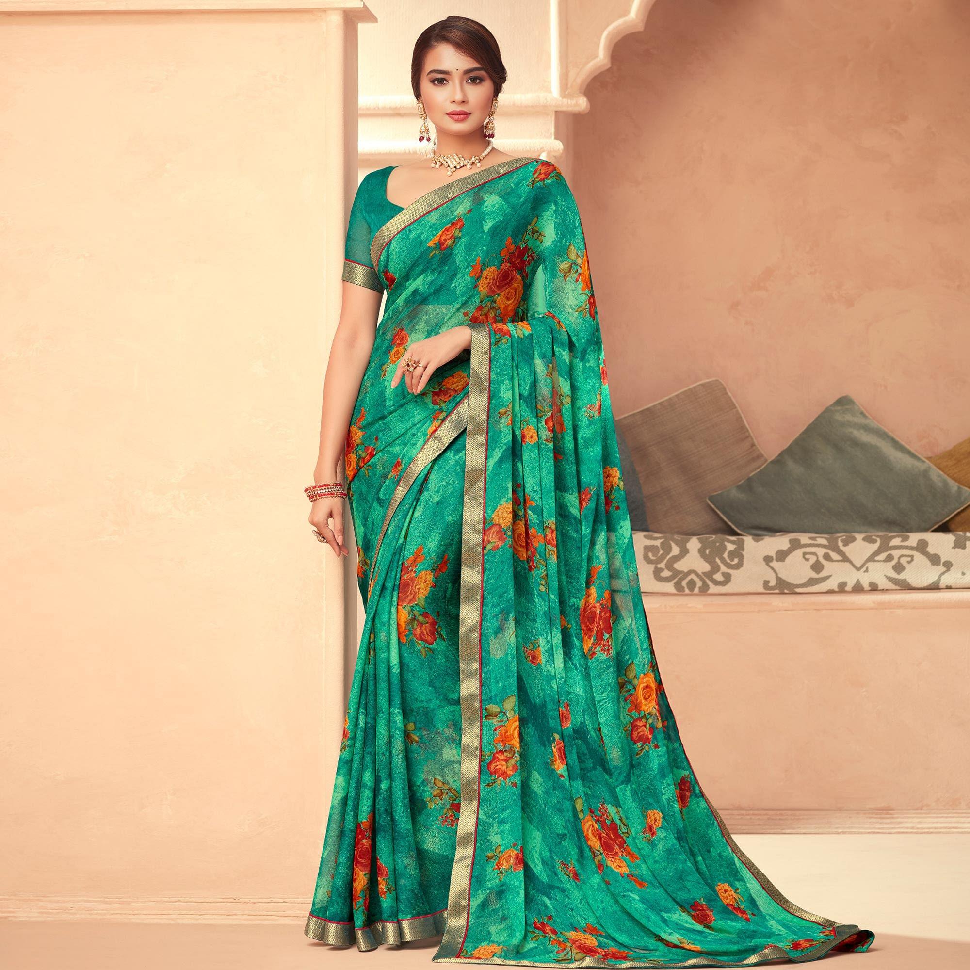 Sea Green Casual Wear Printed Chiffon Saree - Peachmode