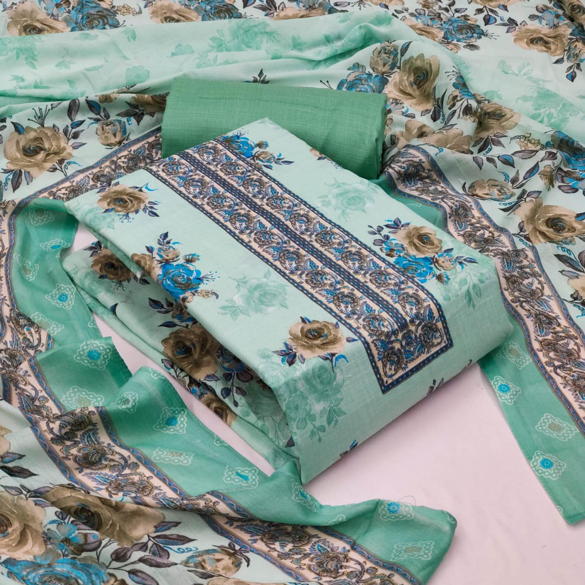 Sea-Green Casual Wear Printed Cotton Dress Material - Peachmode