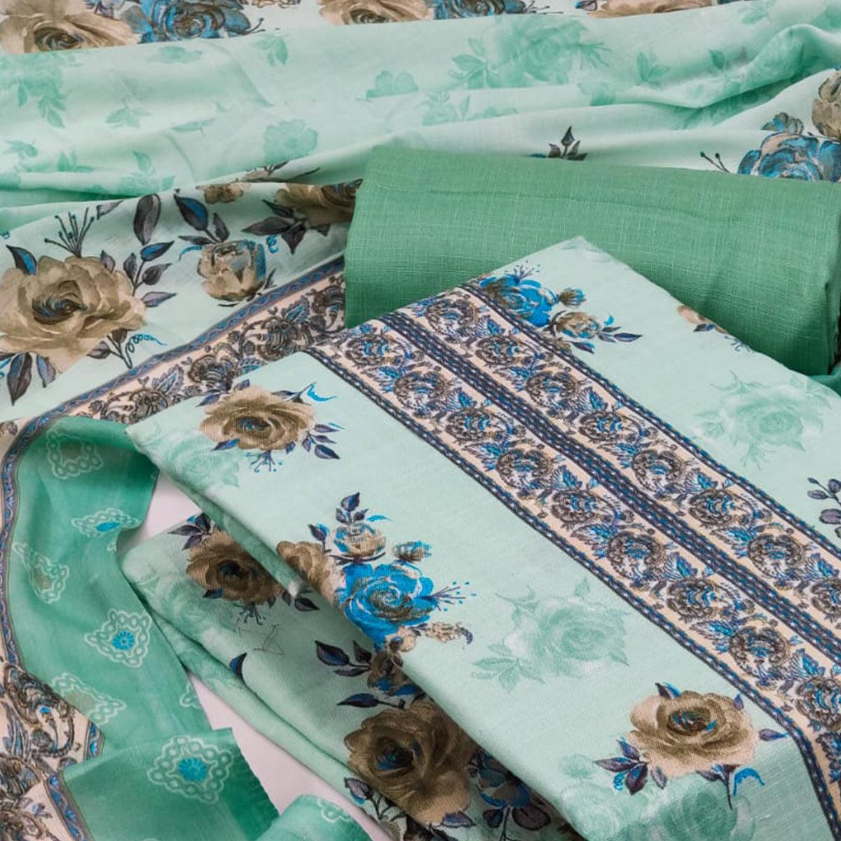 Sea-Green Casual Wear Printed Cotton Dress Material - Peachmode