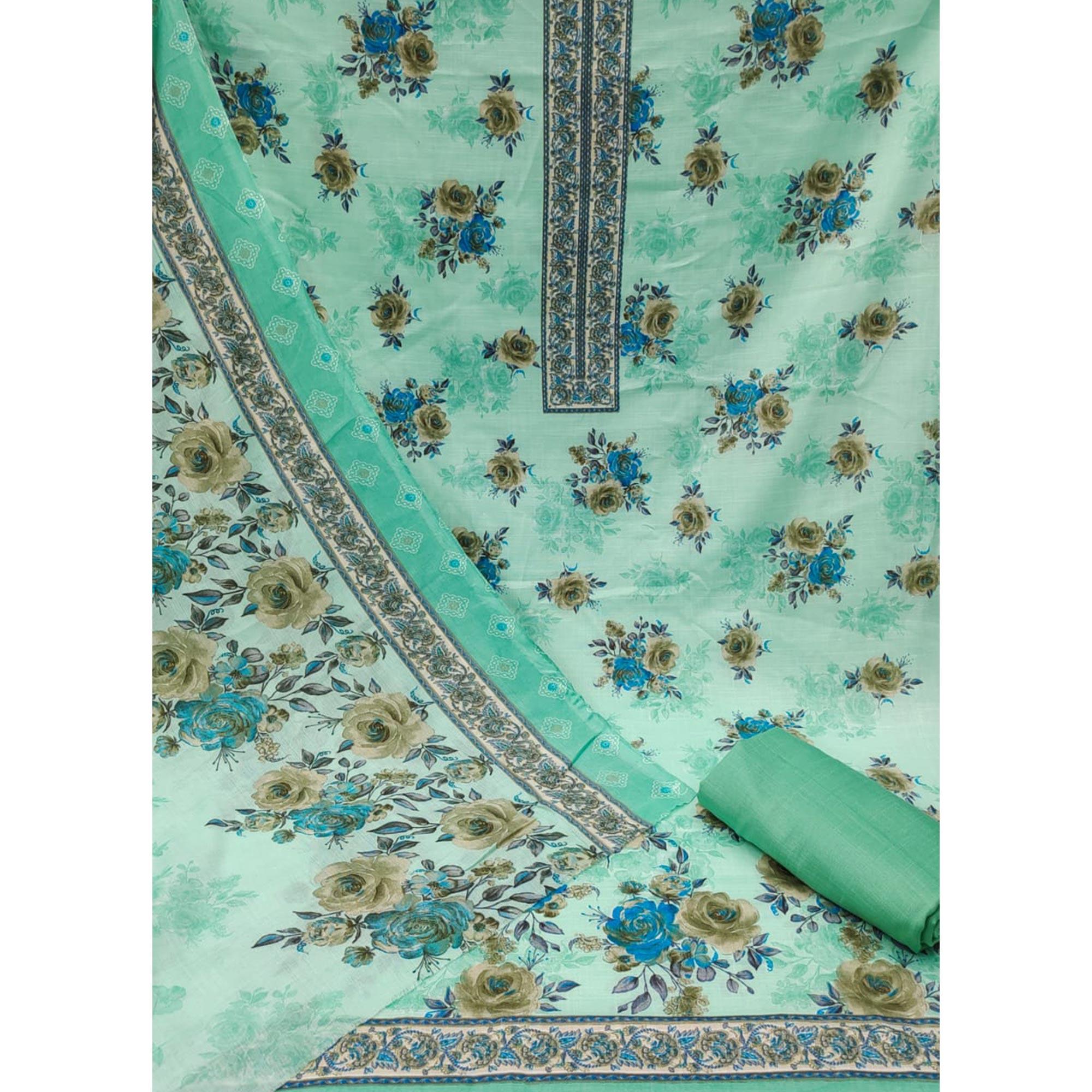 Sea-Green Casual Wear Printed Cotton Dress Material - Peachmode