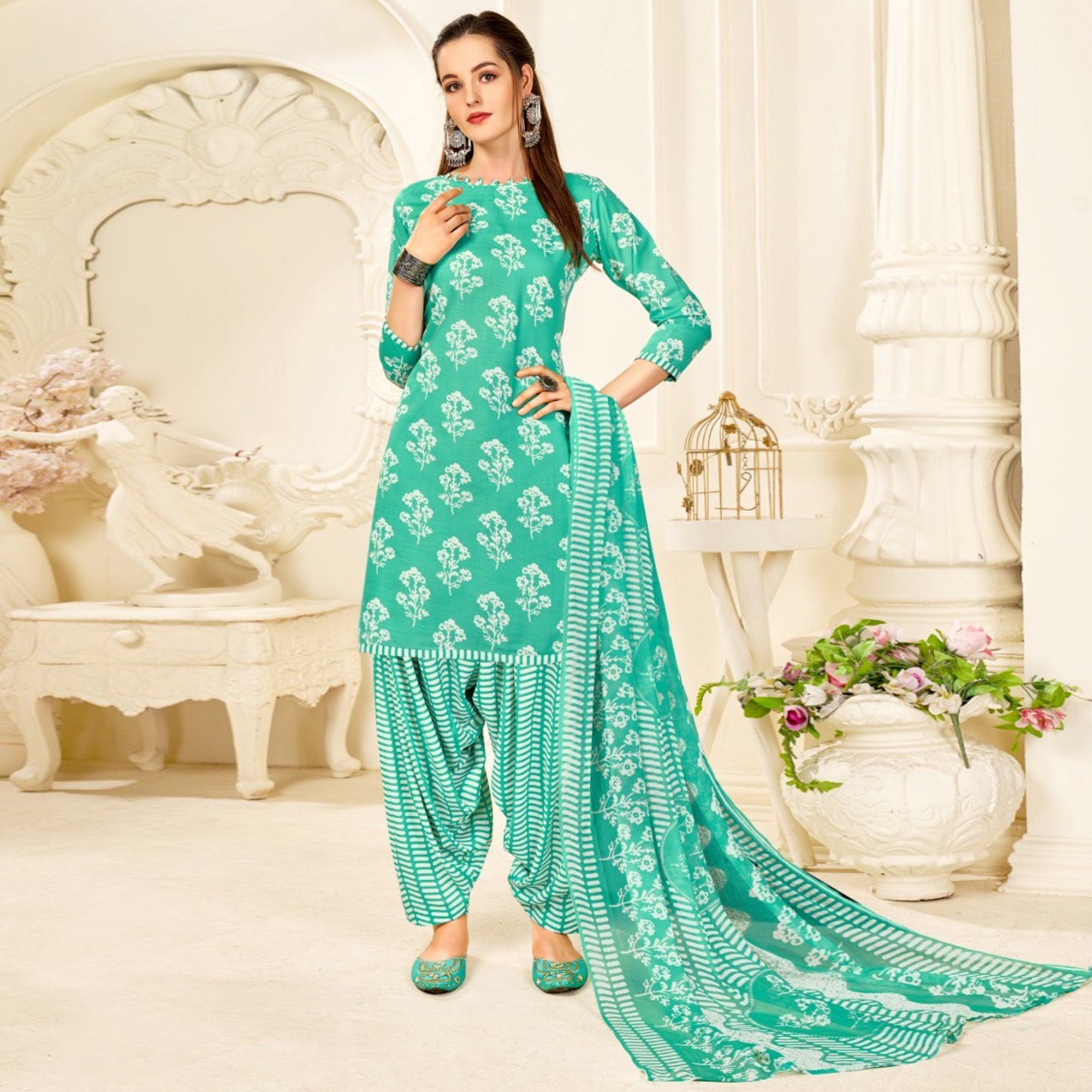 Sea Green Casual Wear Printed Cotton Patiala Suit - Peachmode