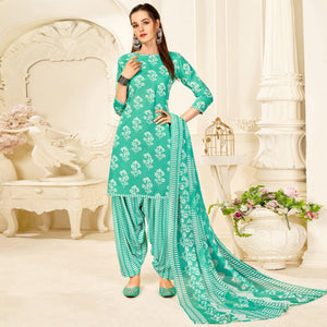 Sea Green Casual Wear Printed Cotton Patiala Suit - Peachmode