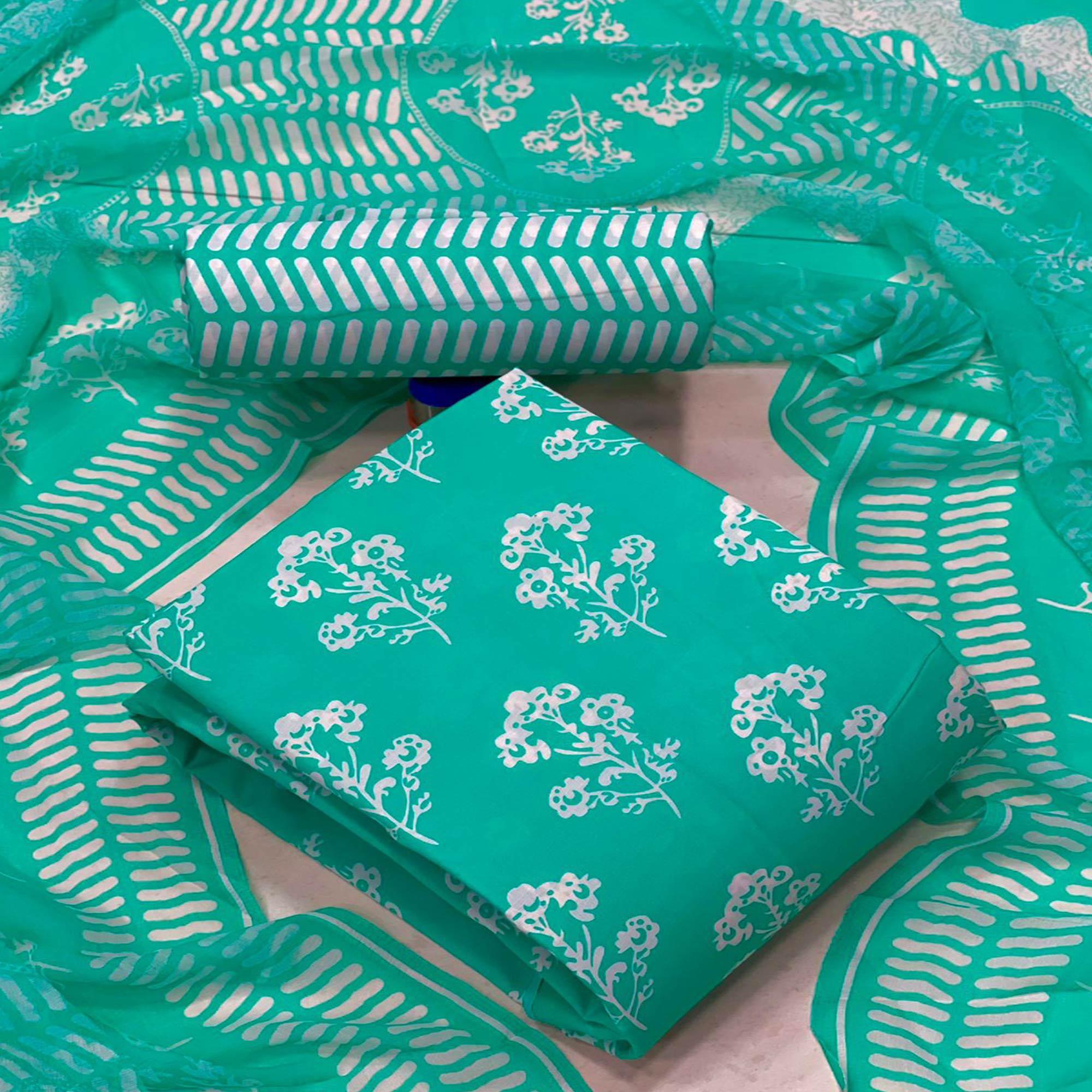 Sea Green Casual Wear Printed Cotton Patiala Suit - Peachmode