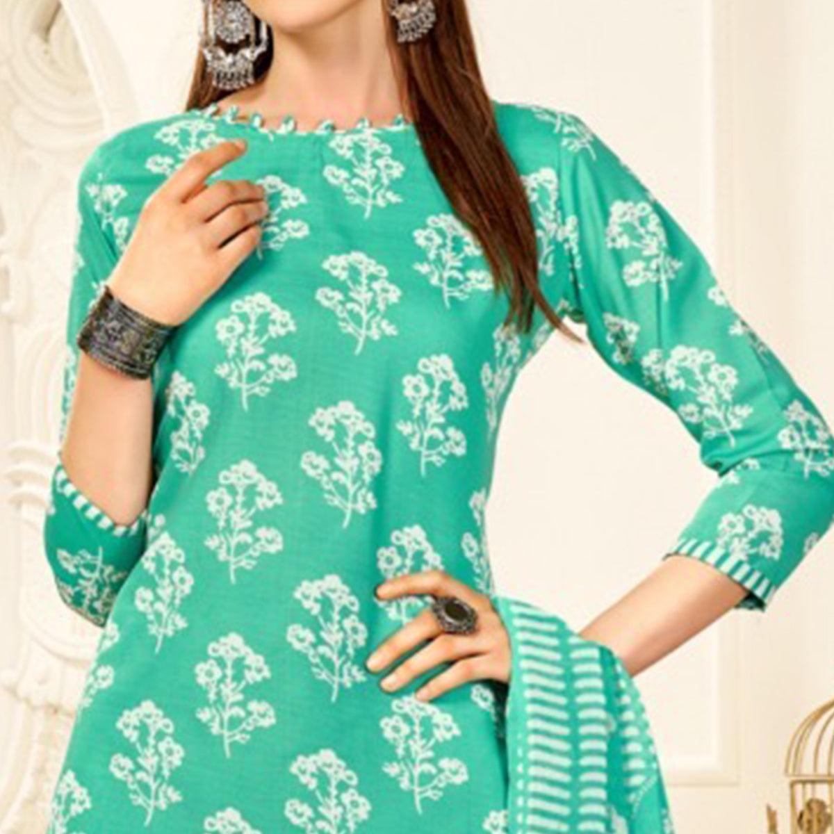 Sea Green Casual Wear Printed Cotton Patiala Suit - Peachmode
