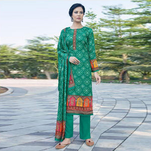 Sea Green Casual Wear Printed Jam Satin Suit - Peachmode
