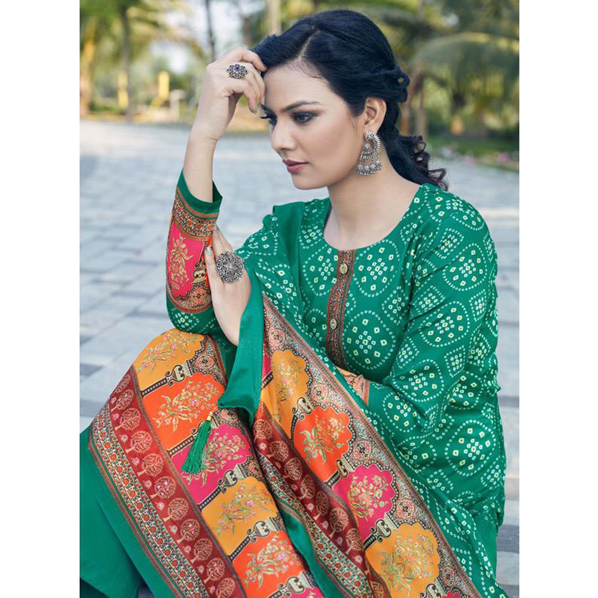 Sea Green Casual Wear Printed Jam Satin Suit - Peachmode
