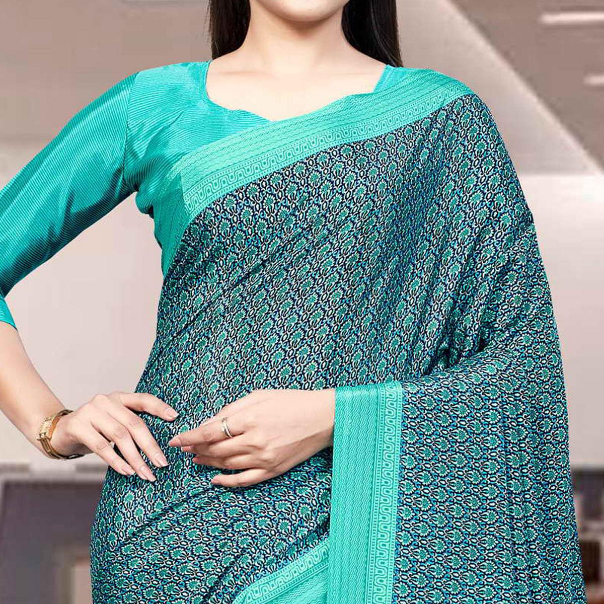Sea Green Casual Wear Printed Silk Saree - Peachmode