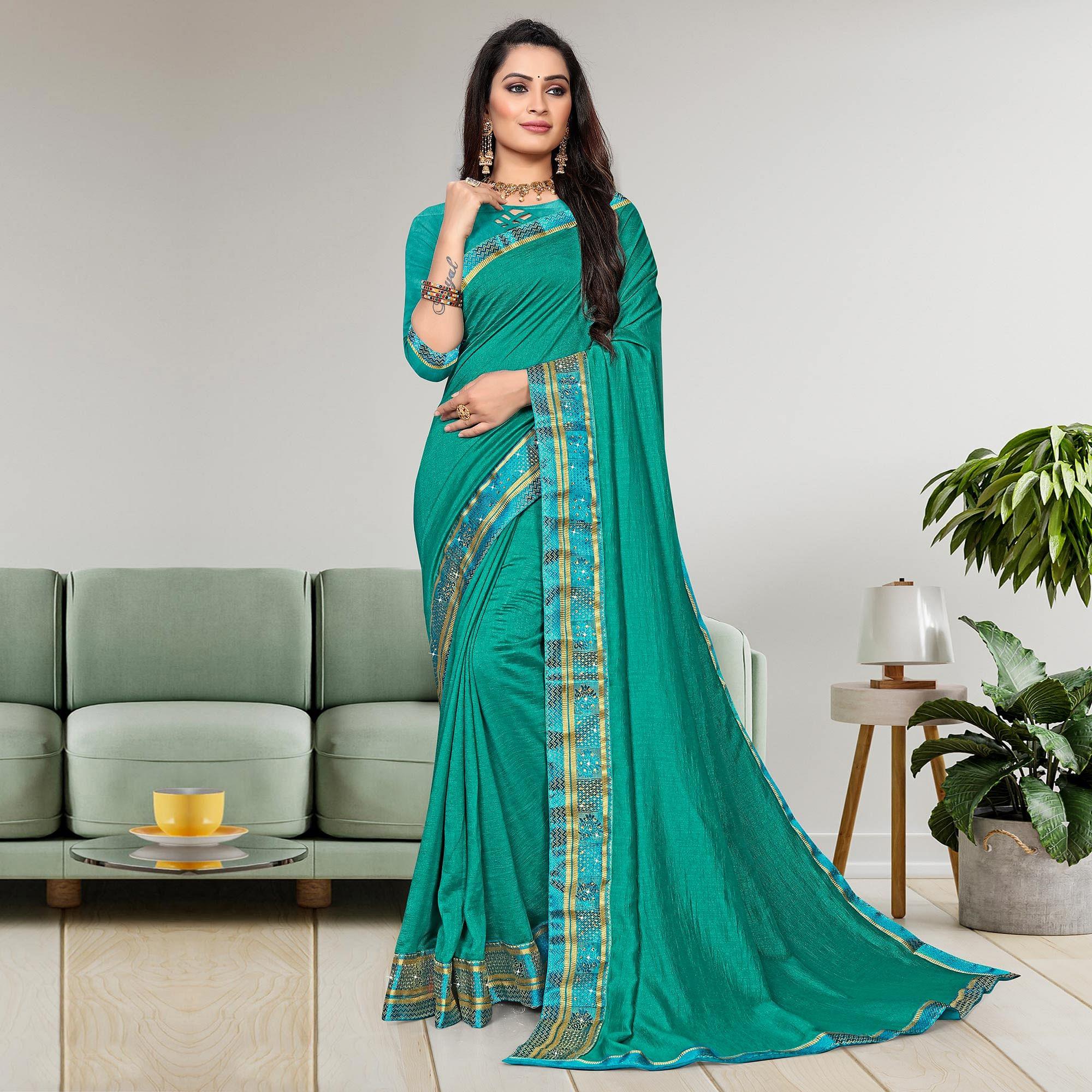 Sea Green Casual Wear Solid Vichitra Silk Saree - Peachmode