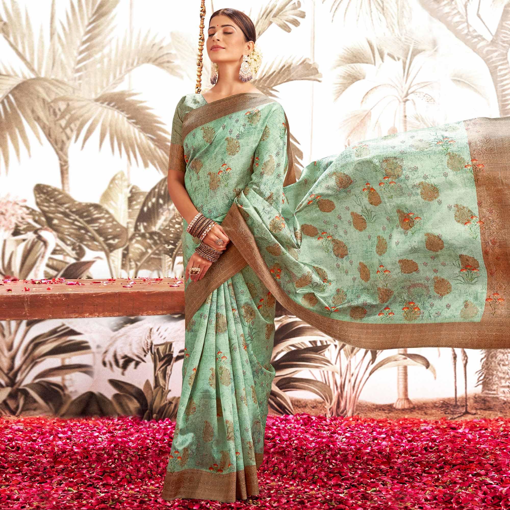 Sea Green Digital Printed Art Silk Saree With Tassels - Peachmode