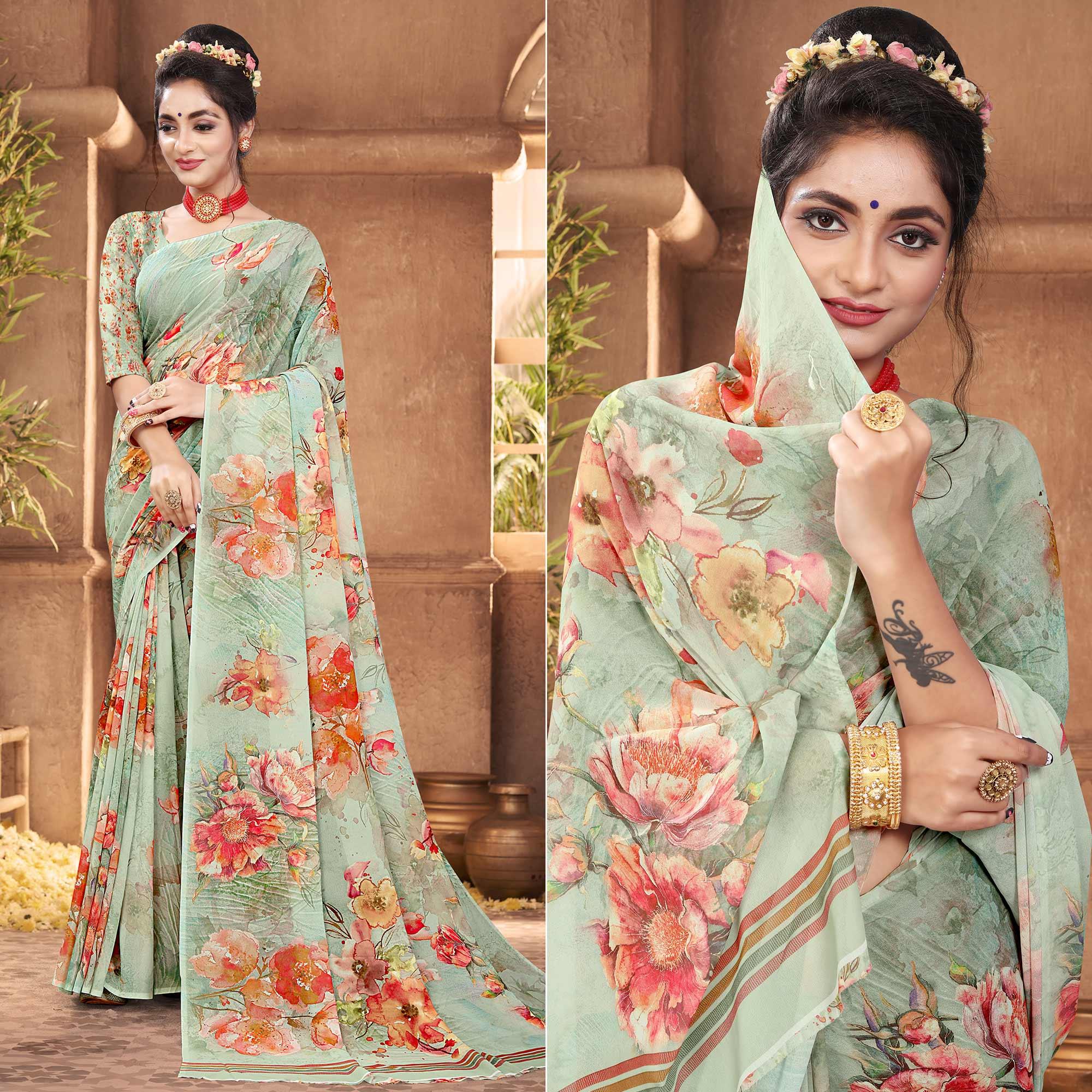 Sea Green Digital Printed Georgette Saree - Peachmode