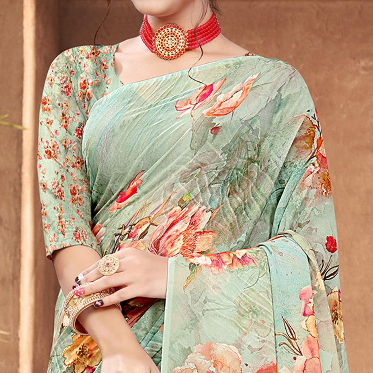Sea Green Digital Printed Georgette Saree - Peachmode