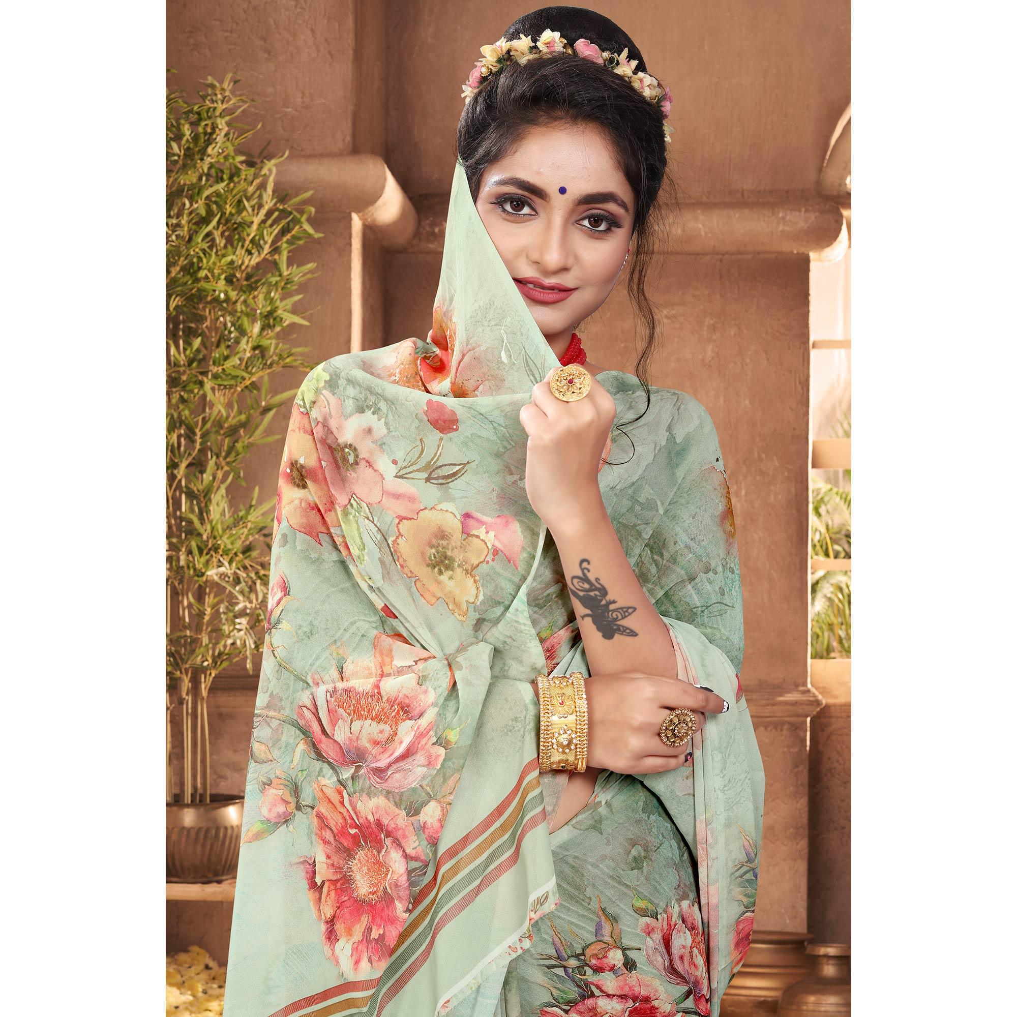 Sea Green Digital Printed Georgette Saree - Peachmode