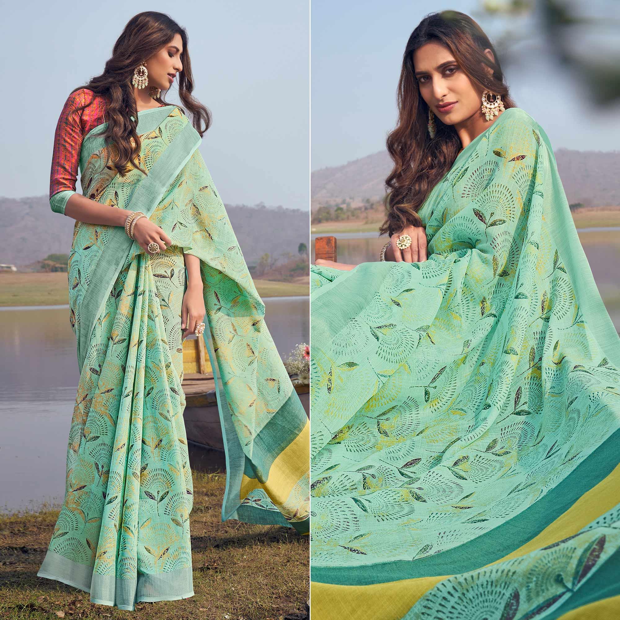 Sea Green Digital Printed Linen Saree - Peachmode