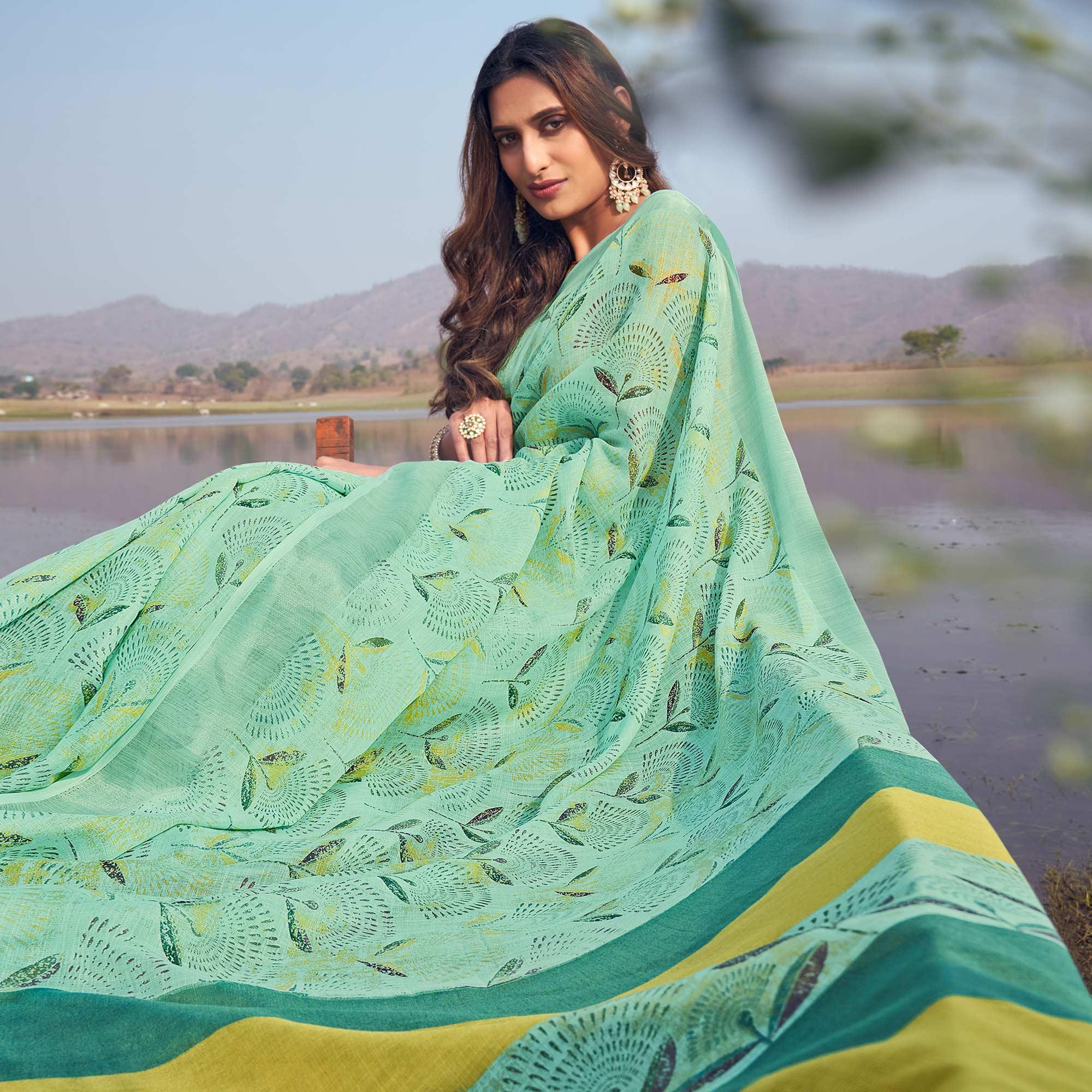 Sea Green Digital Printed Linen Saree - Peachmode