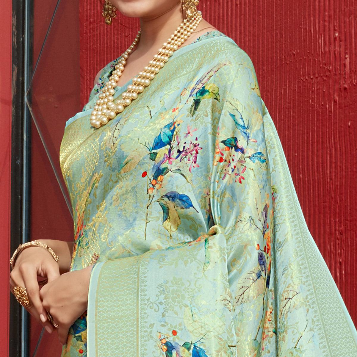 Sea Green Digital Printed With Woven Art Silk Saree With Tassels - Peachmode