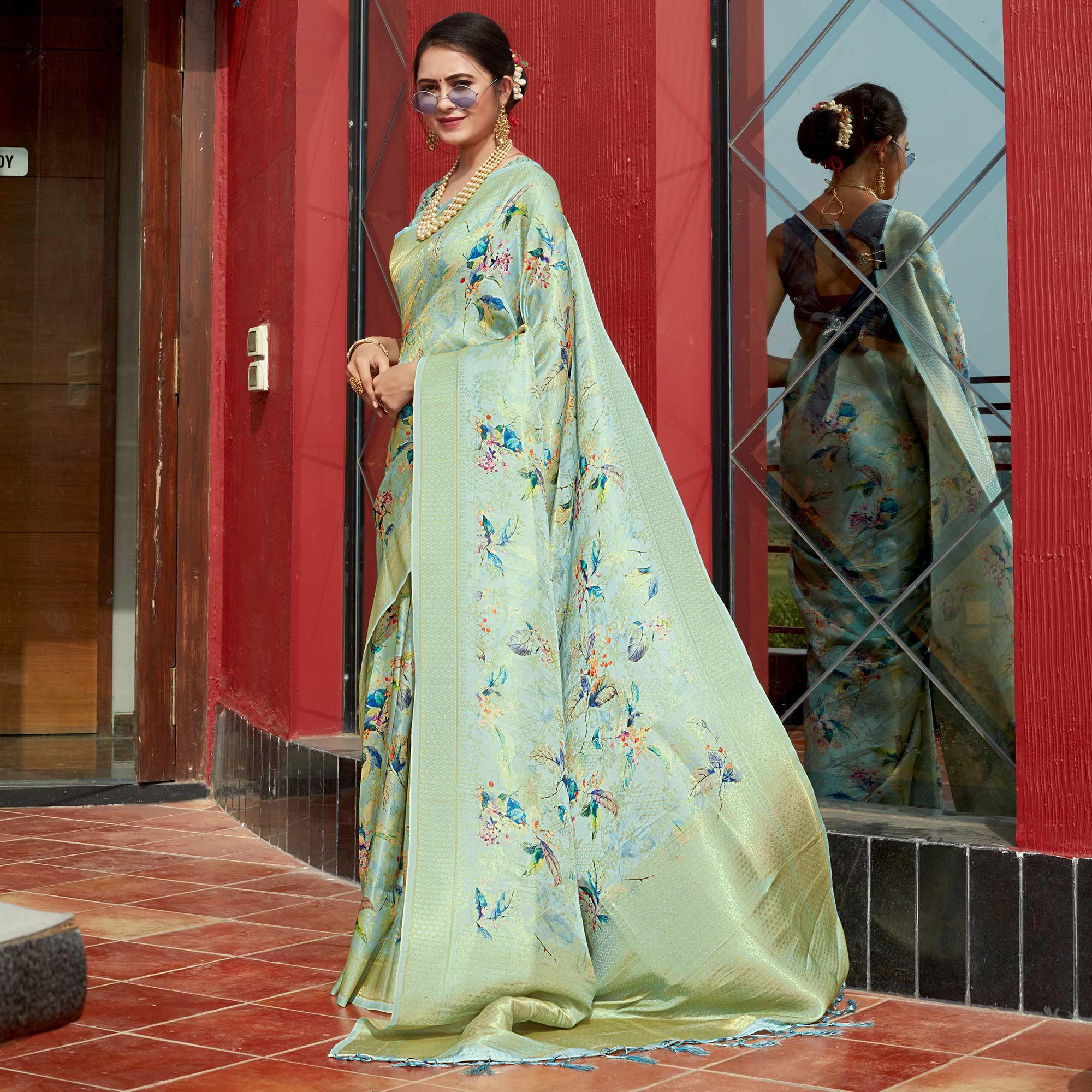 Sea Green Digital Printed With Woven Art Silk Saree With Tassels - Peachmode