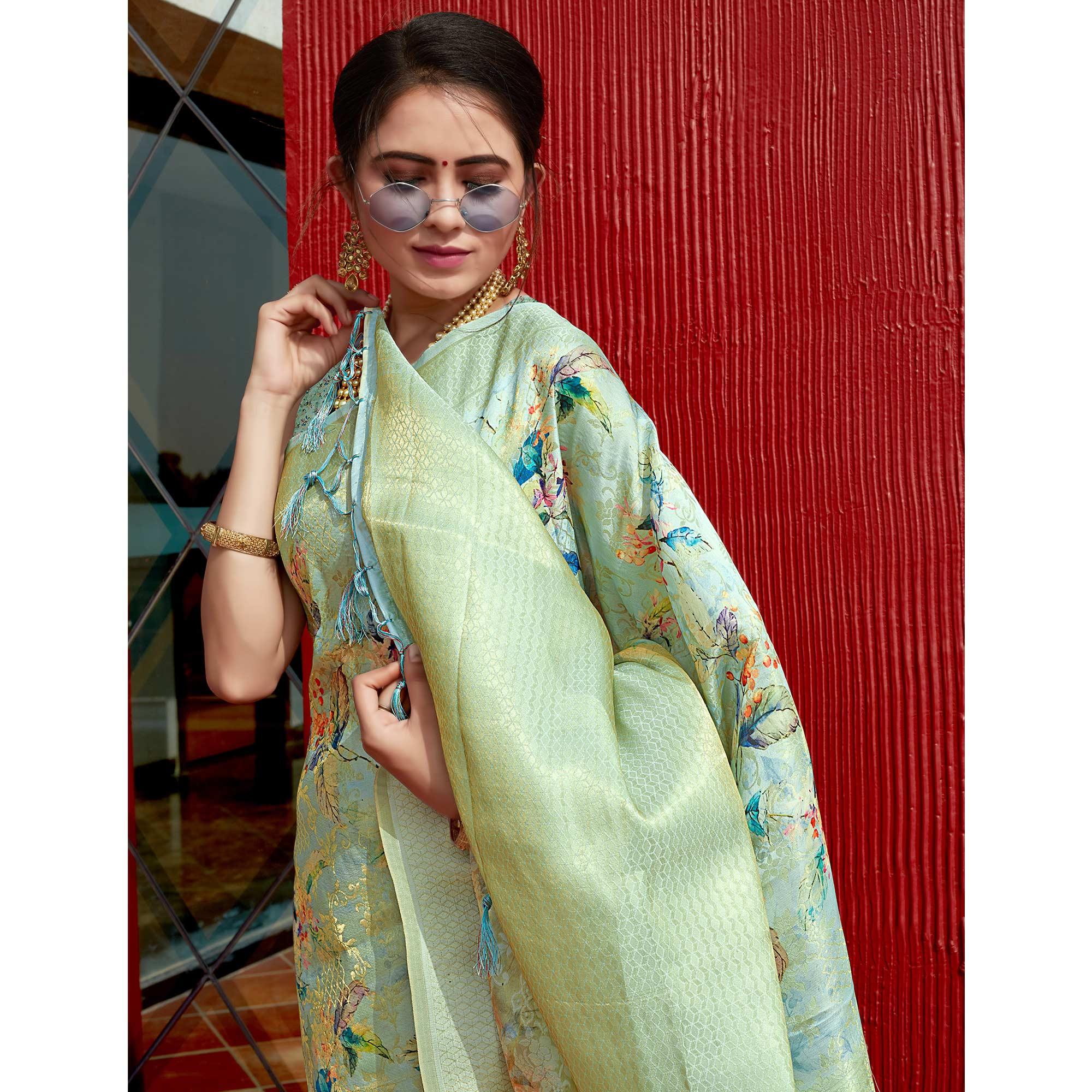 Sea Green Digital Printed With Woven Art Silk Saree With Tassels - Peachmode