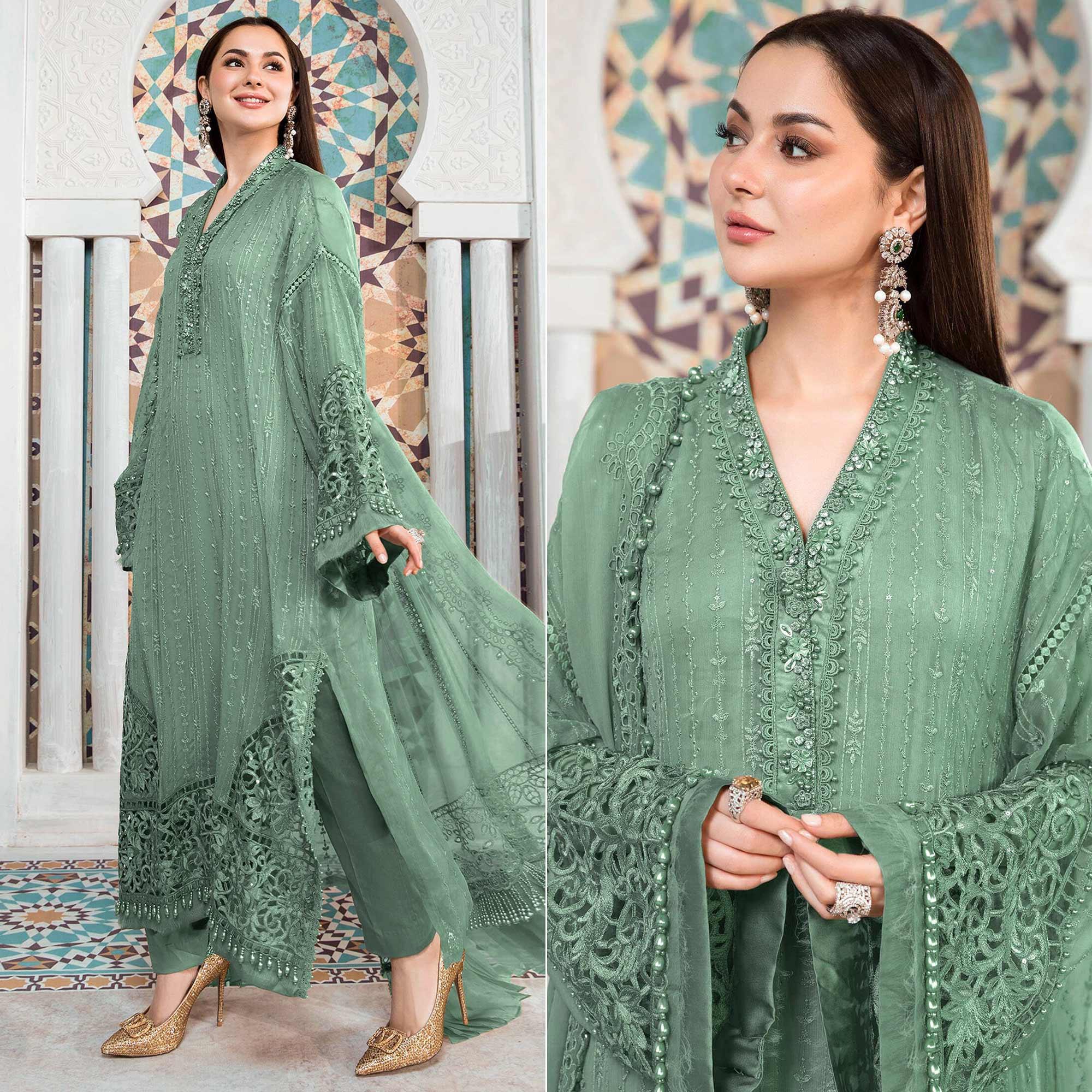 Sea Green Embellished With Embroidered Georgette Pakistani Suit - Peachmode