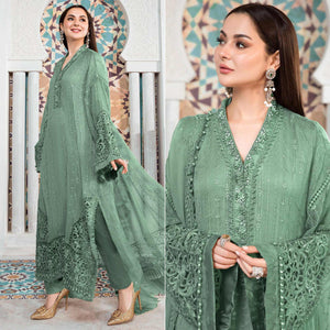 Sea Green Embellished With Embroidered Georgette Pakistani Suit - Peachmode