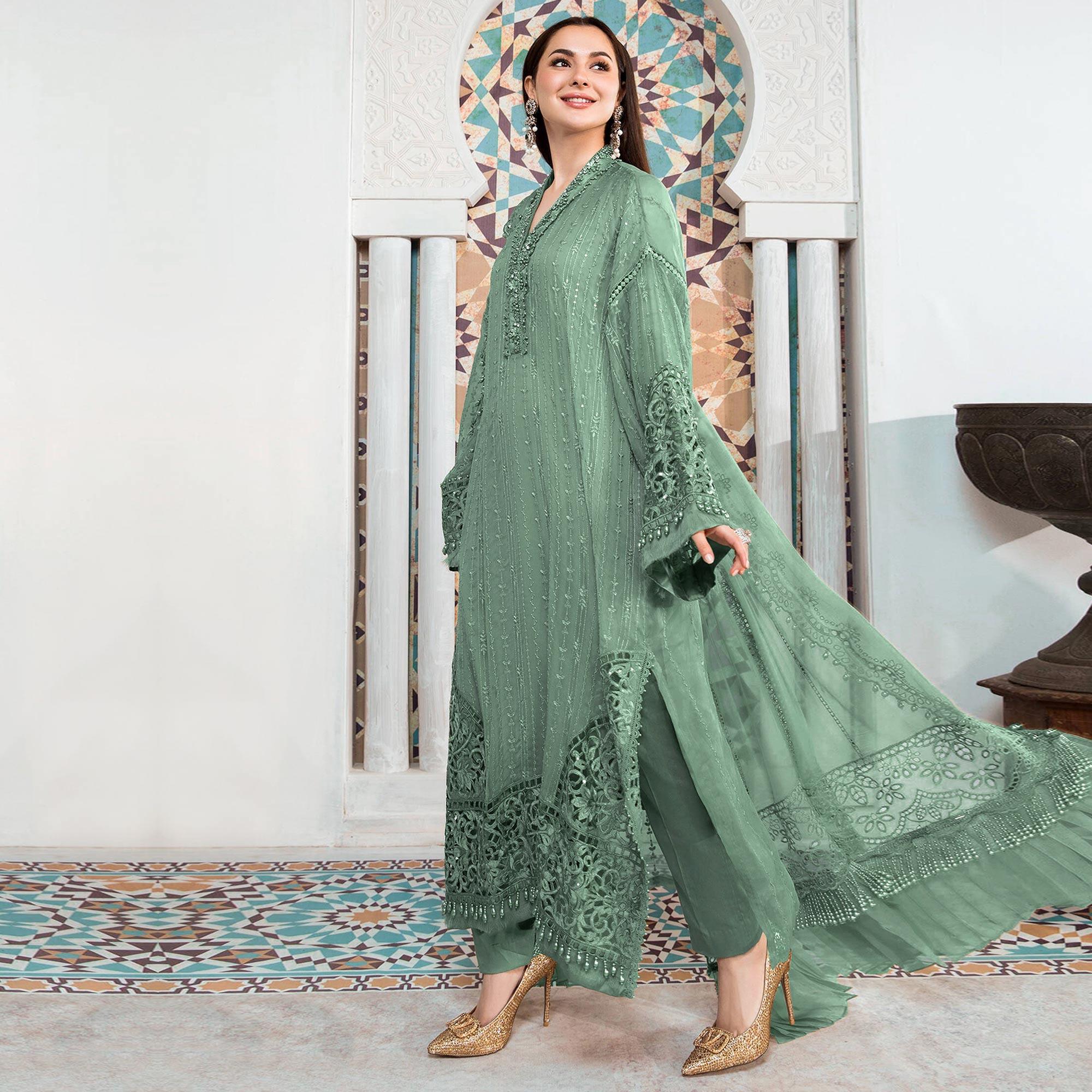 Sea Green Embellished With Embroidered Georgette Pakistani Suit - Peachmode
