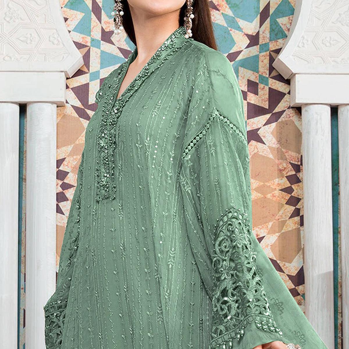 Sea Green Embellished With Embroidered Georgette Pakistani Suit - Peachmode