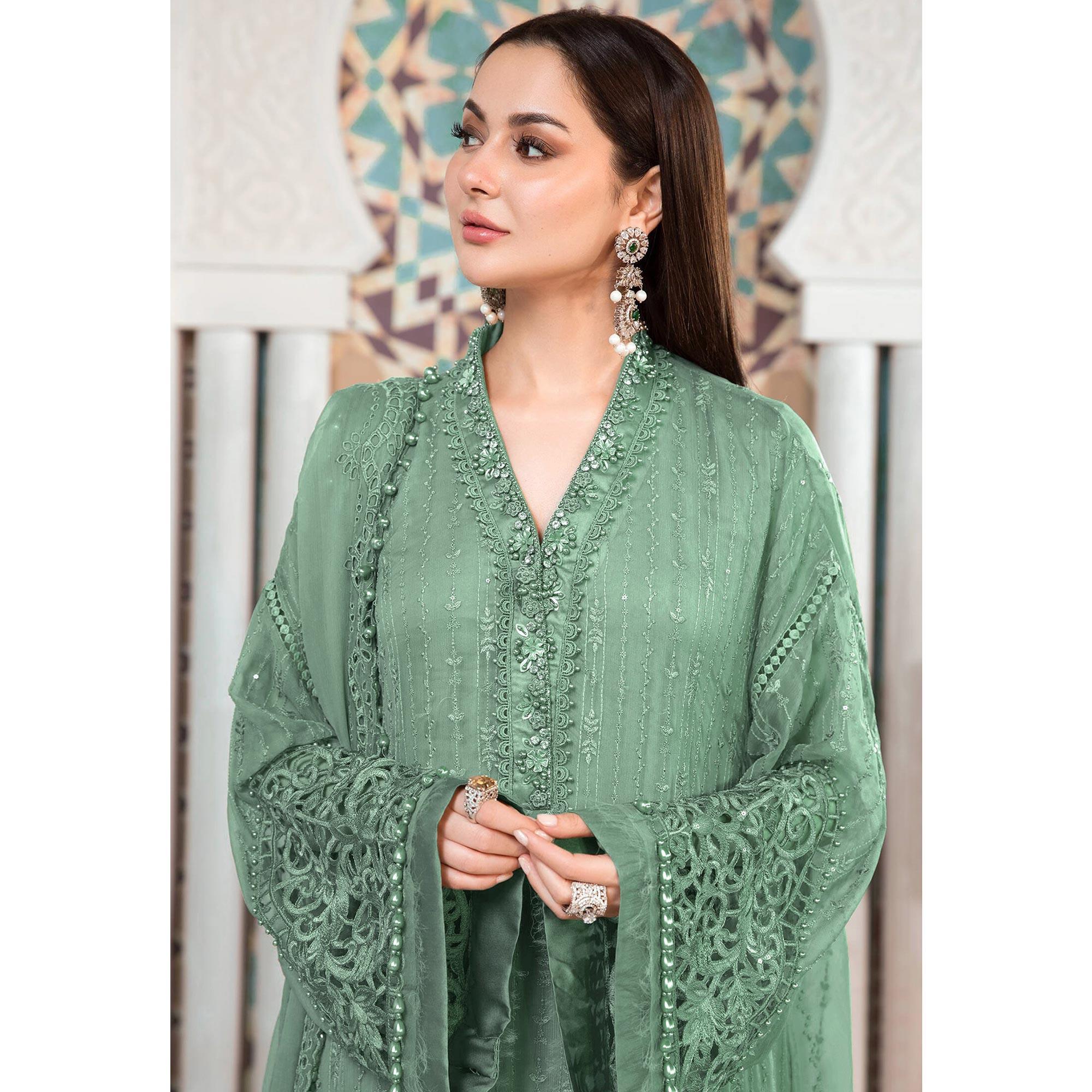 Sea Green Embellished With Embroidered Georgette Pakistani Suit - Peachmode