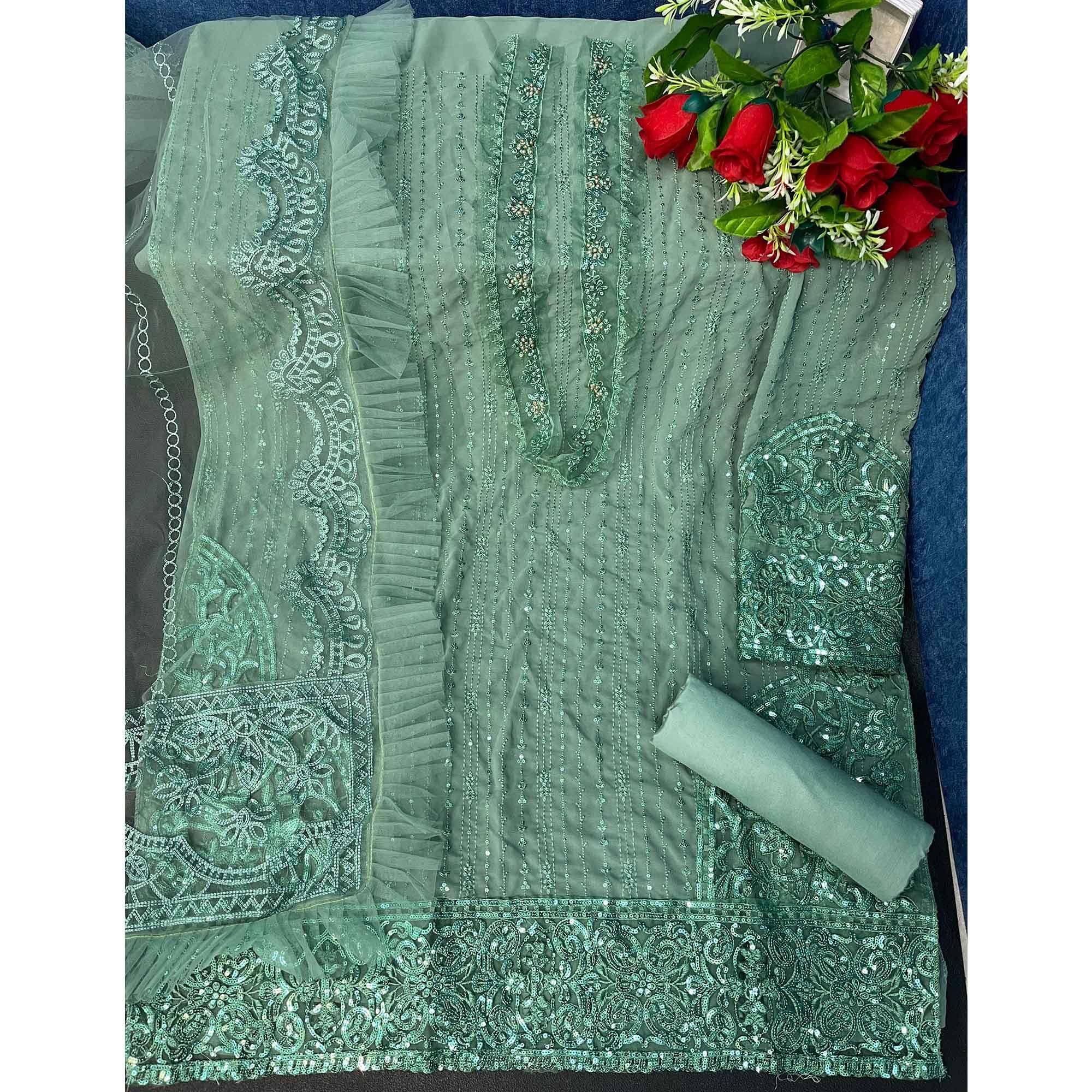 Sea Green Embellished With Embroidered Georgette Pakistani Suit - Peachmode