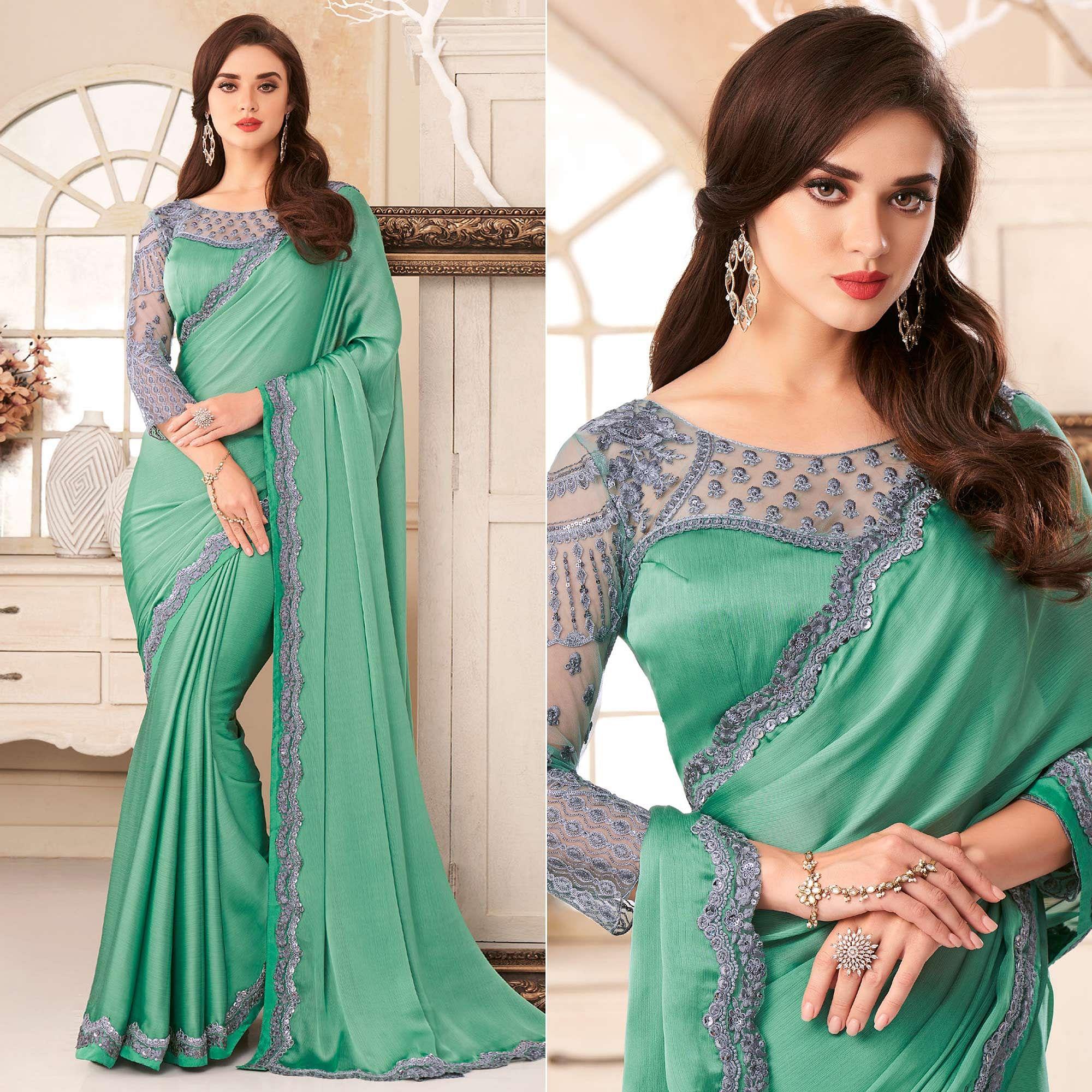 Sea Green Embroidered & Embellished Satin Saree - Peachmode