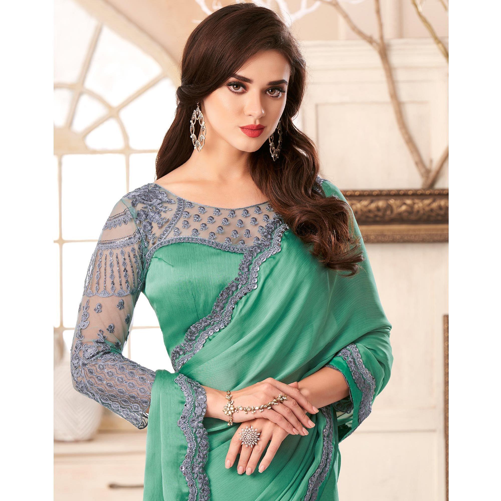 Sea Green Embroidered & Embellished Satin Saree - Peachmode