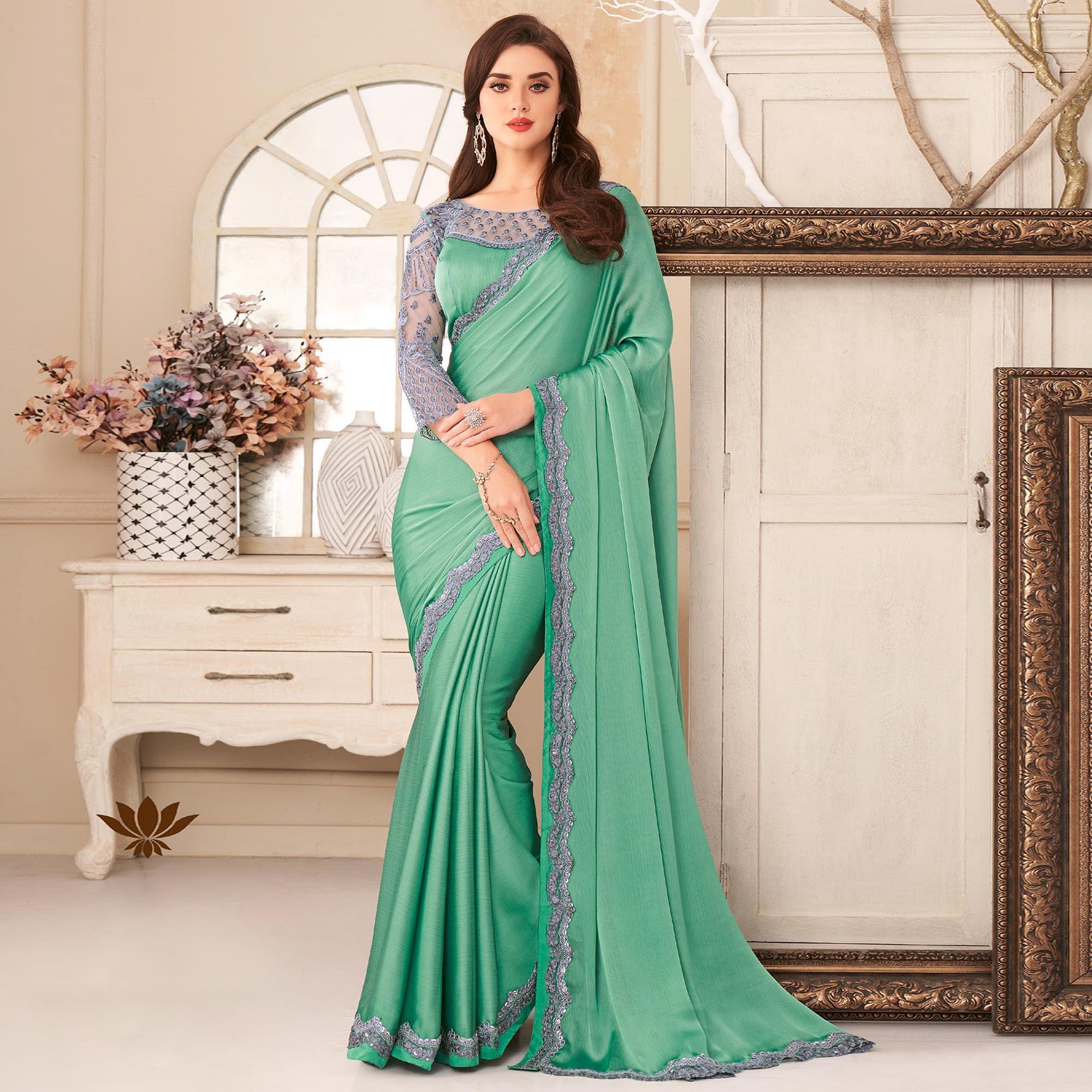 Sea Green Embroidered & Embellished Satin Saree - Peachmode