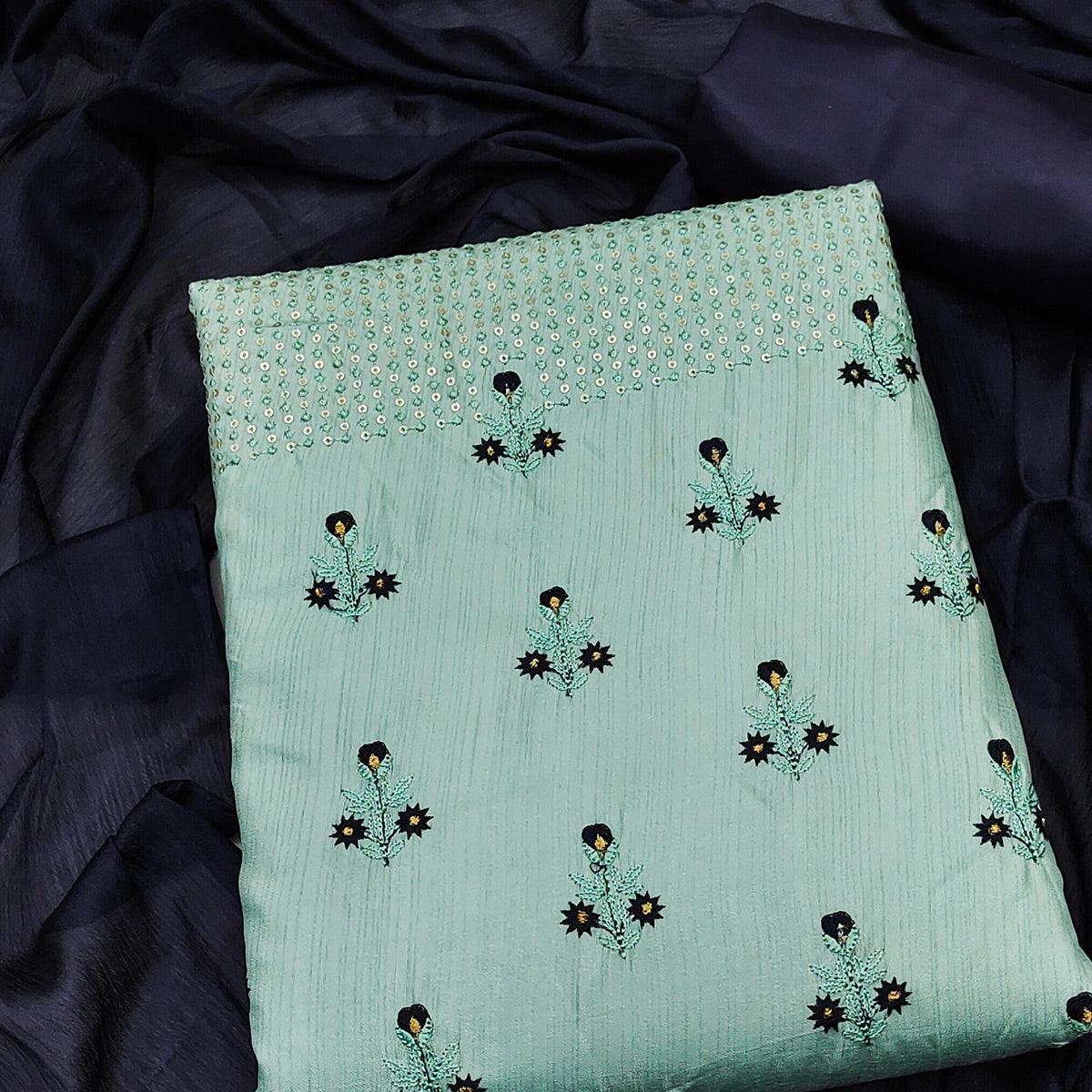 Sea Green Embroidered Art Silk Dress Material - Peachmode