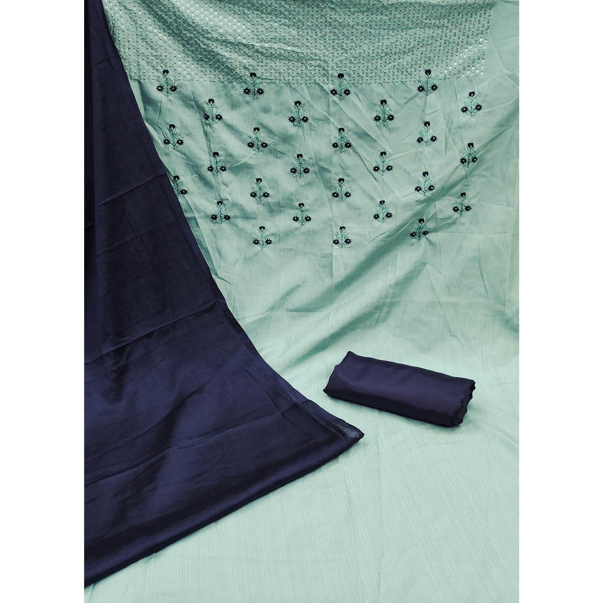 Sea Green Embroidered Art Silk Dress Material - Peachmode