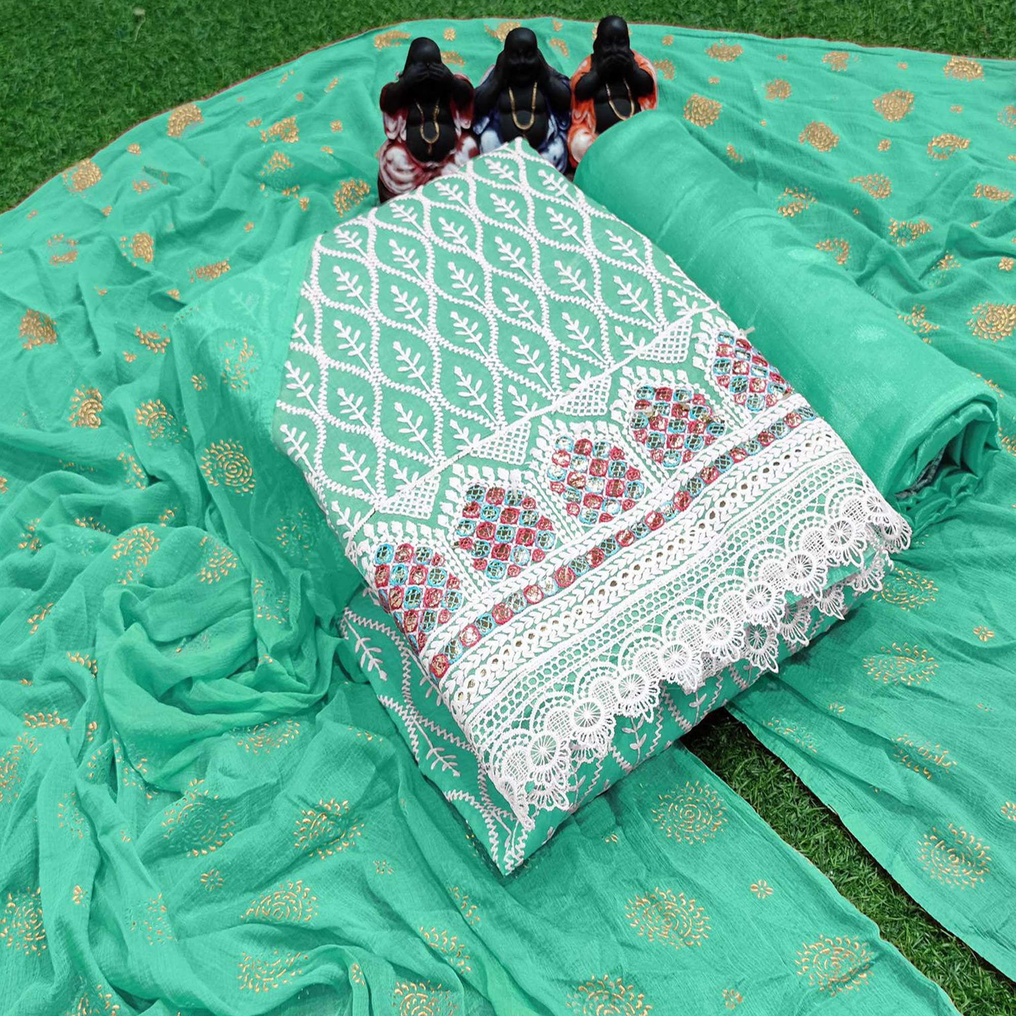 Sea Green Embroidered Chanderi Dress Material - Peachmode