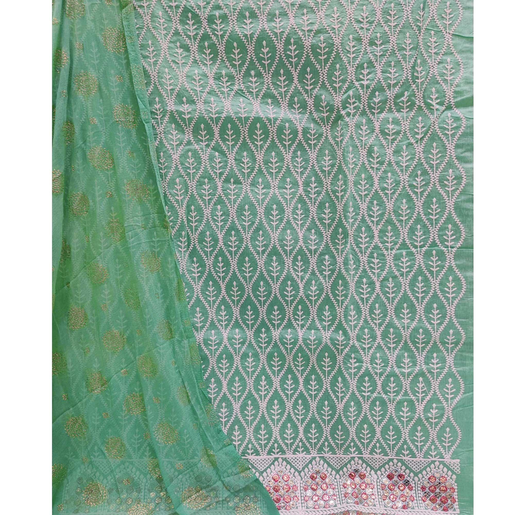 Sea Green Embroidered Chanderi Dress Material - Peachmode