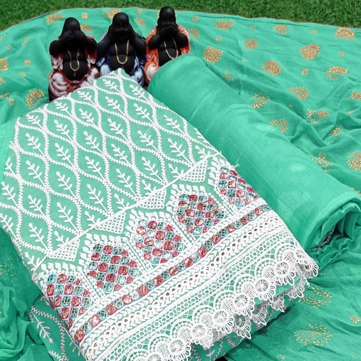 Sea Green Embroidered Chanderi Dress Material - Peachmode