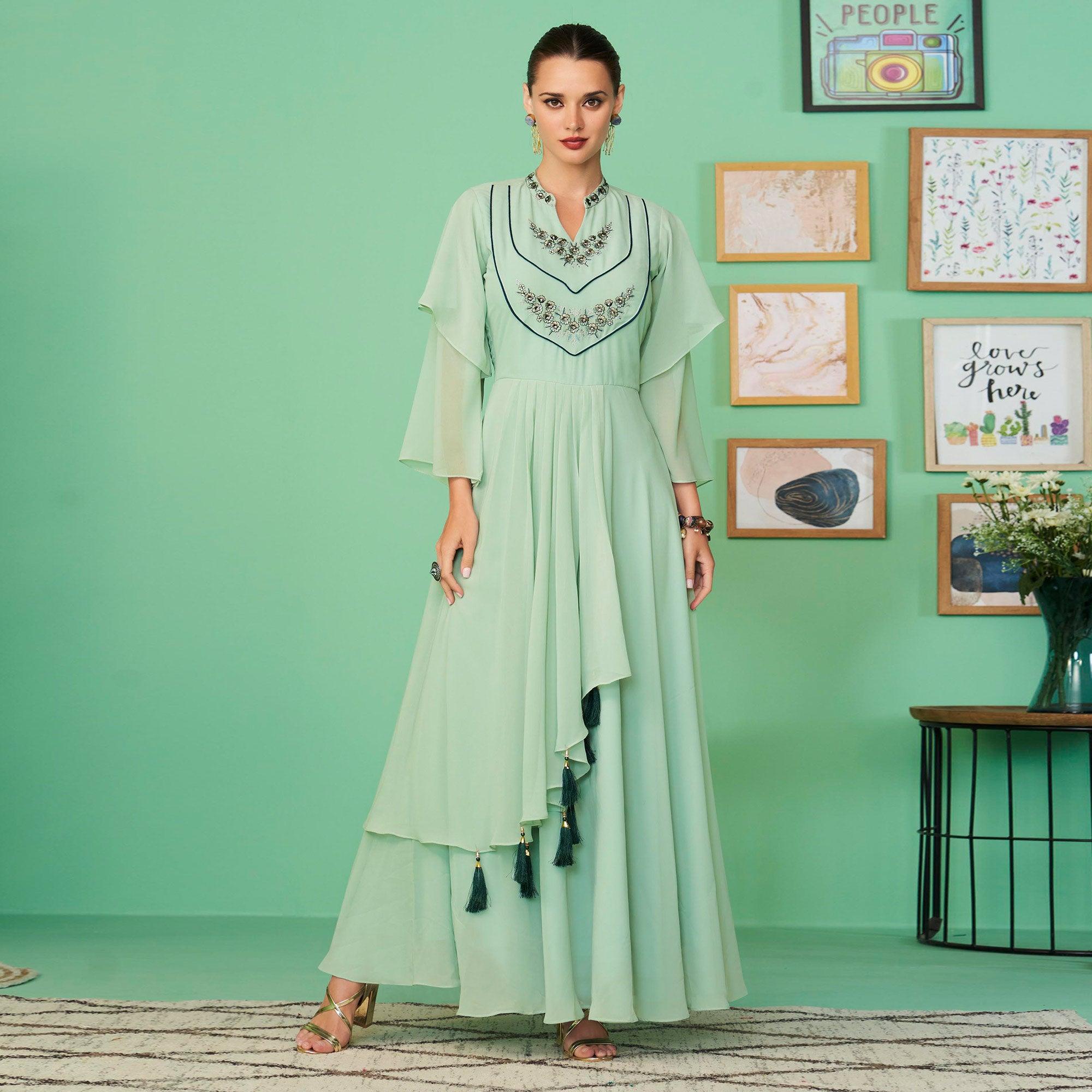 Sea Green Embroidered Georgette Gown - Peachmode