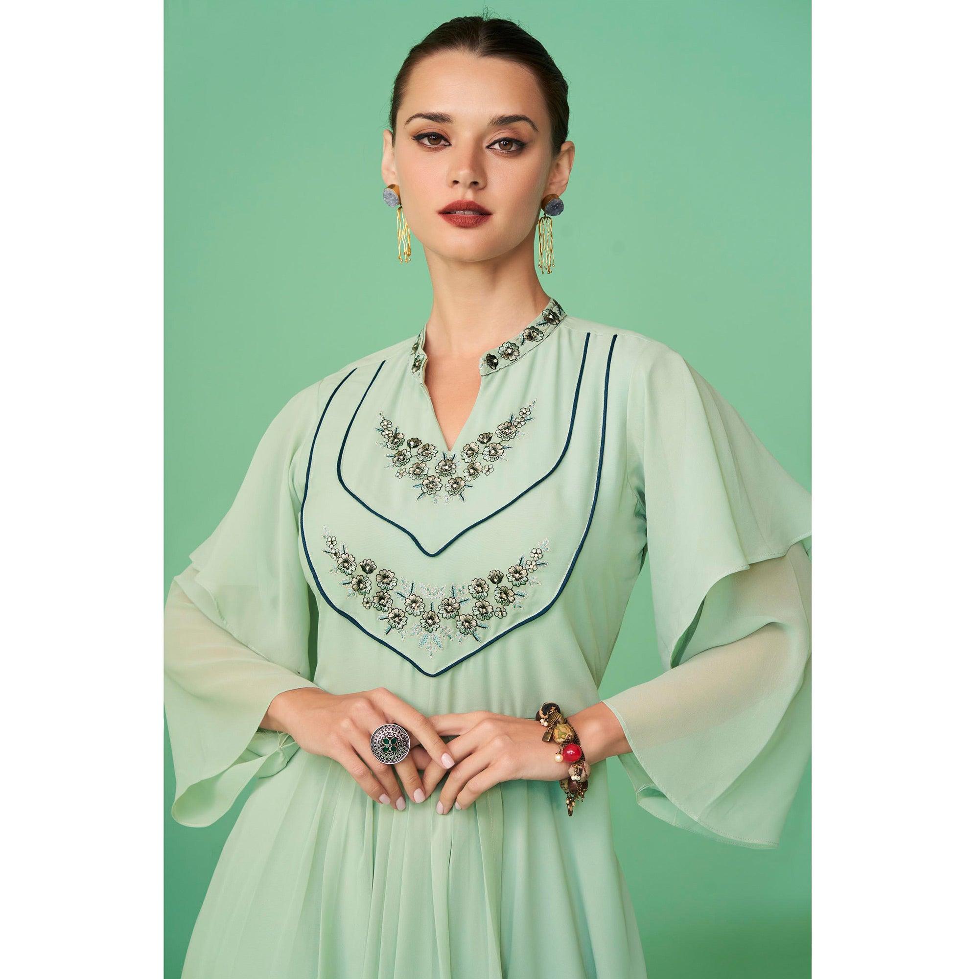 Sea Green Embroidered Georgette Gown - Peachmode