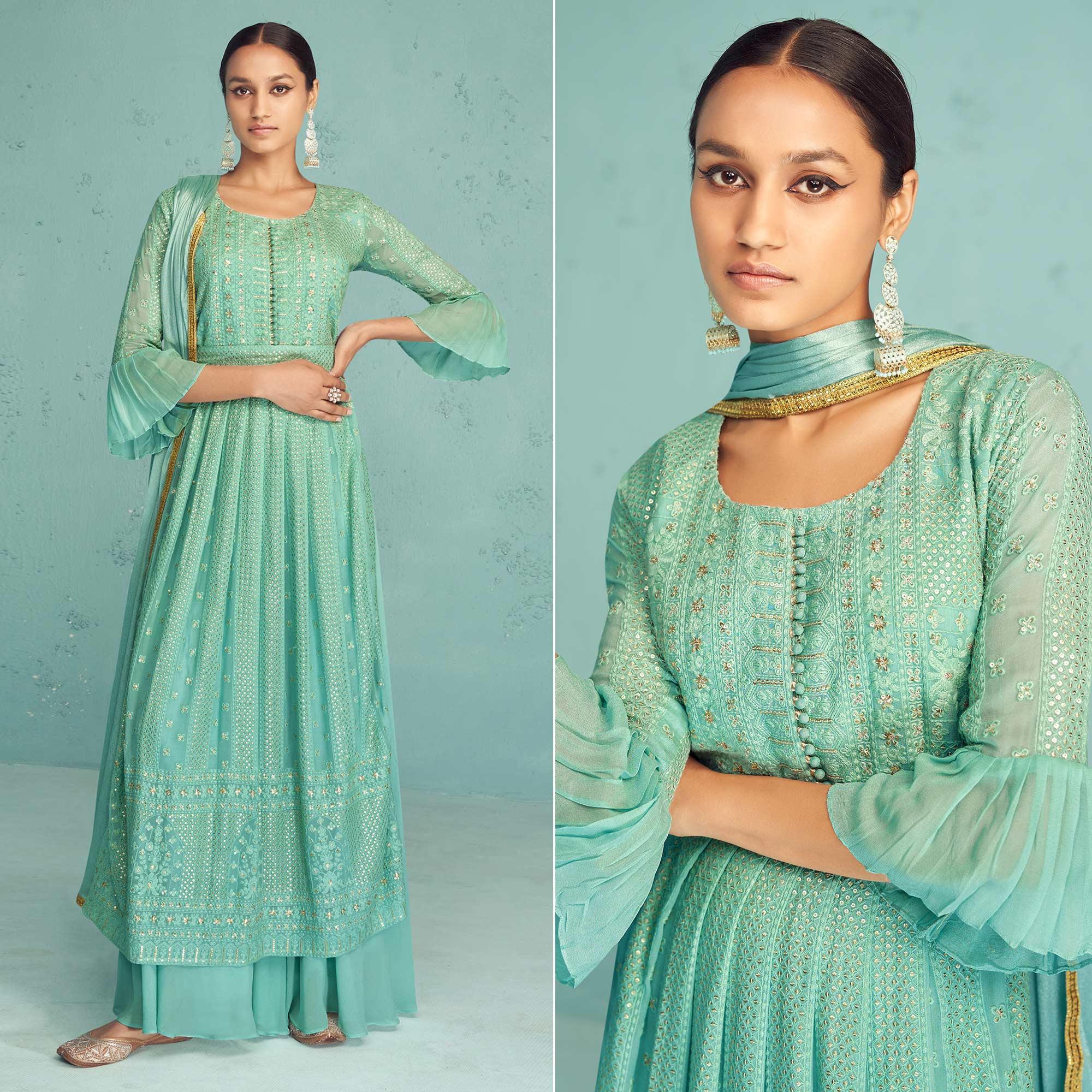 Sea Green Embroidered Georgette Palazzo Suit - Peachmode