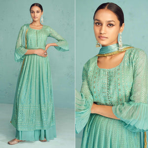 Sea Green Embroidered Georgette Palazzo Suit - Peachmode