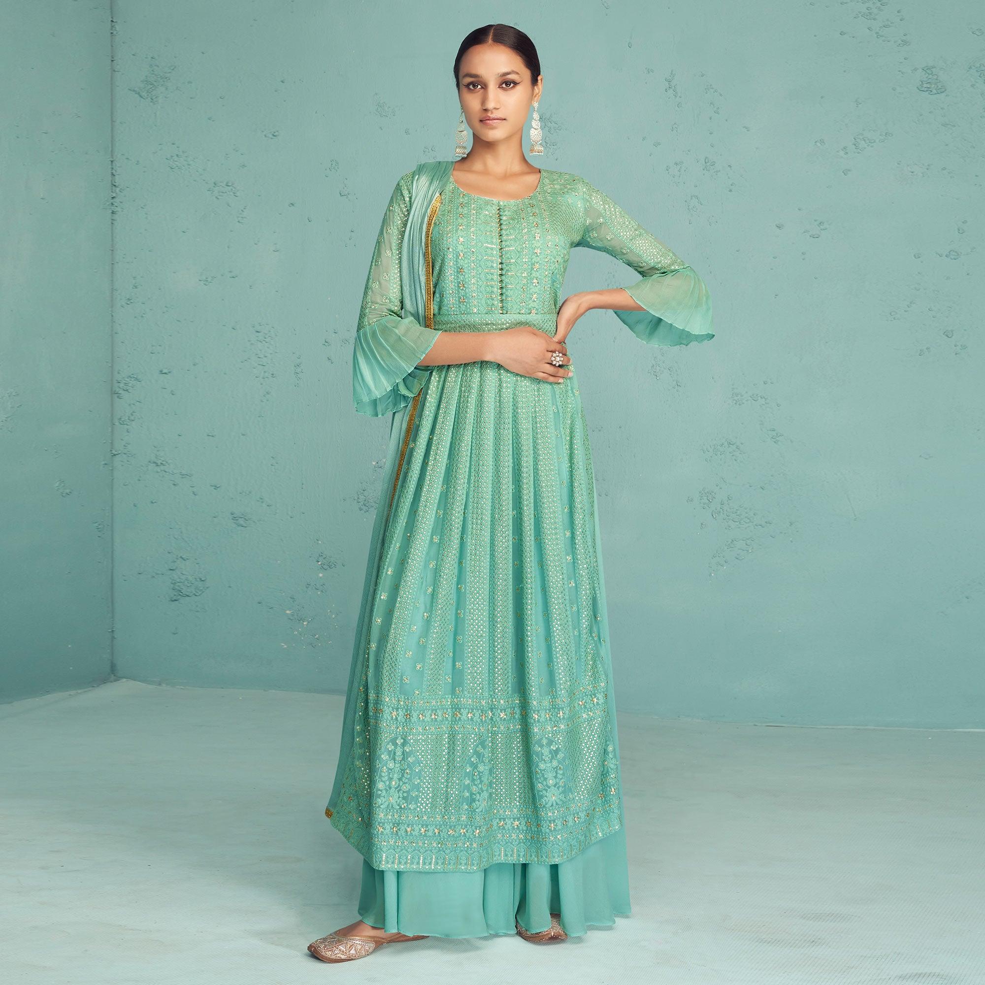 Sea Green Embroidered Georgette Palazzo Suit - Peachmode