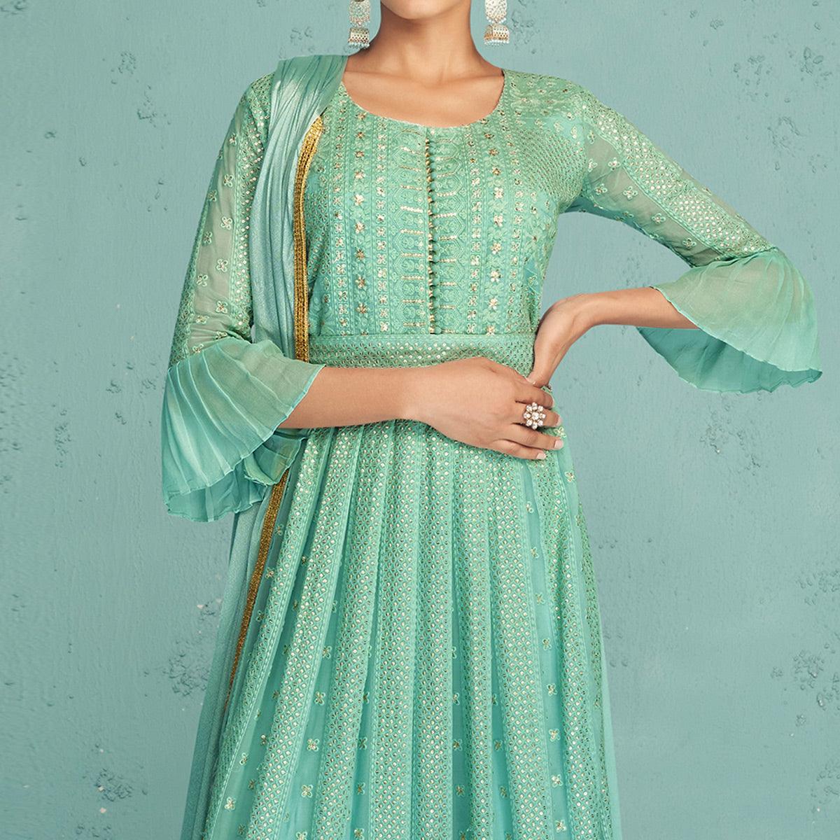 Sea Green Embroidered Georgette Palazzo Suit - Peachmode