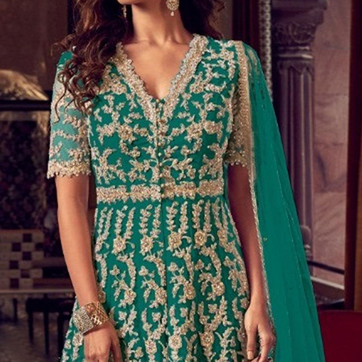 Sea Green Embroidered Indo Western Style Net - Georgette Sharara Suit - Peachmode
