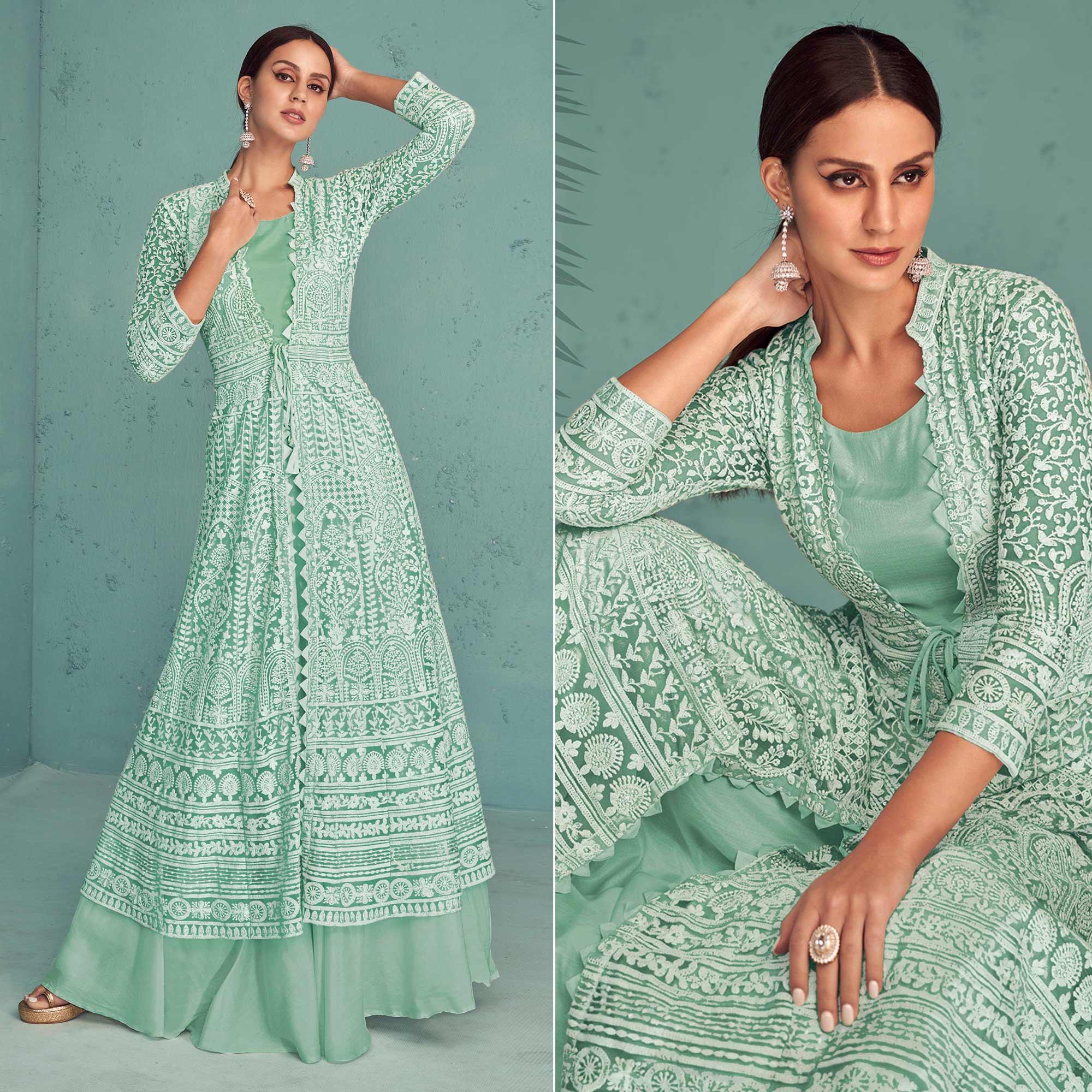 Sea Green Embroidered Muslin Gown - Peachmode