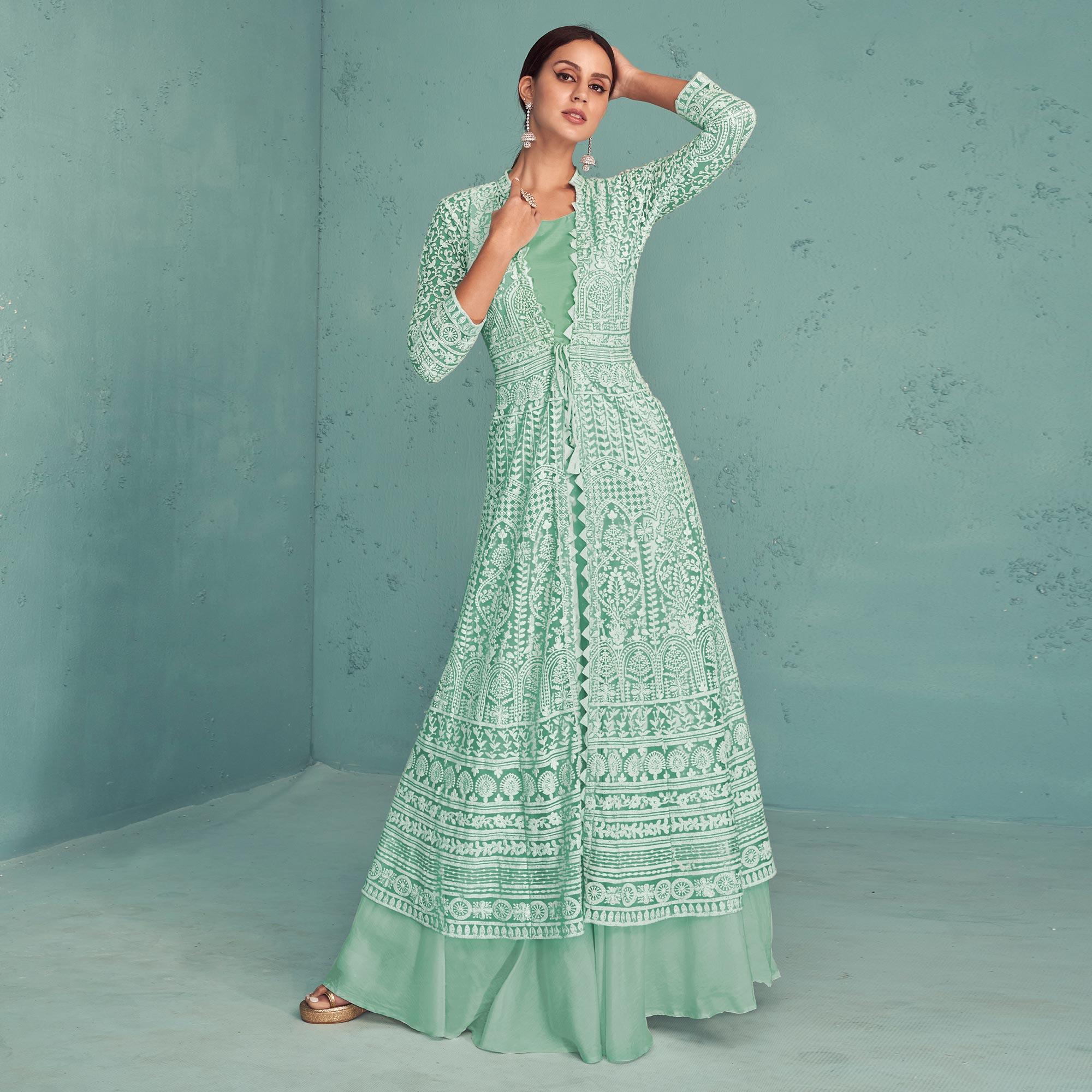 Sea Green Embroidered Muslin Gown - Peachmode