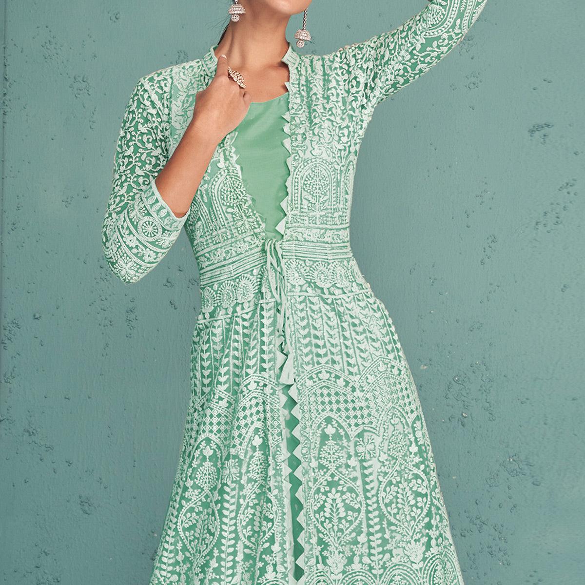 Sea Green Embroidered Muslin Gown - Peachmode