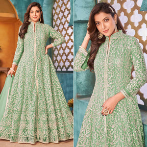 Sea Green Embroidered Netted Anarkali Style Gown - Peachmode