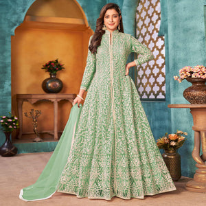 Sea Green Embroidered Netted Anarkali Style Gown - Peachmode