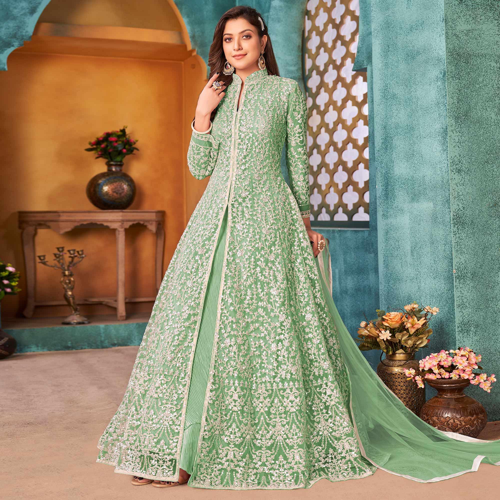 Buy Green Taffeta Embroidered Anarkali Dress - Gunj Fashion