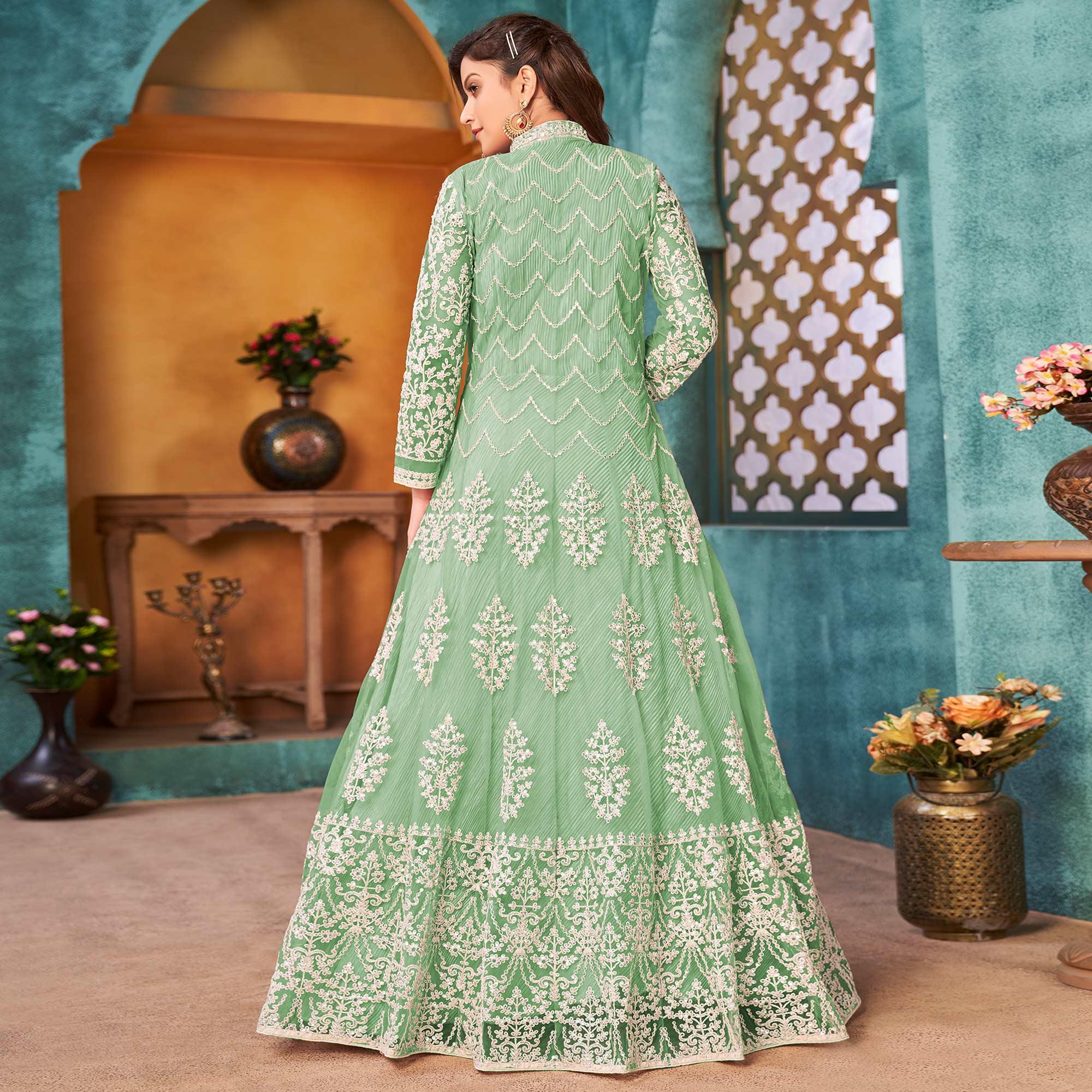 Sea Green Embroidered Netted Anarkali Style Gown - Peachmode