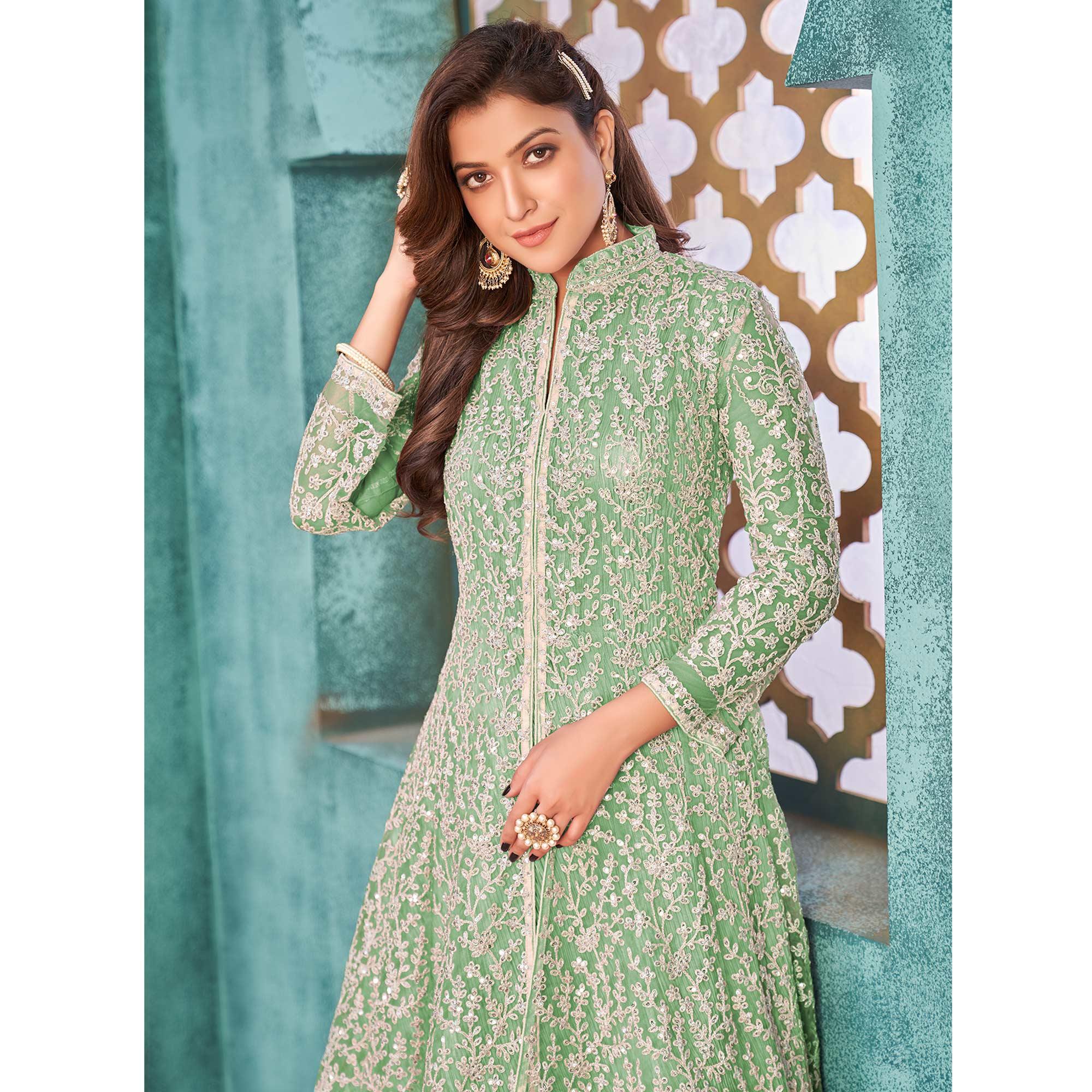 Sea Green Embroidered Netted Anarkali Style Gown - Peachmode